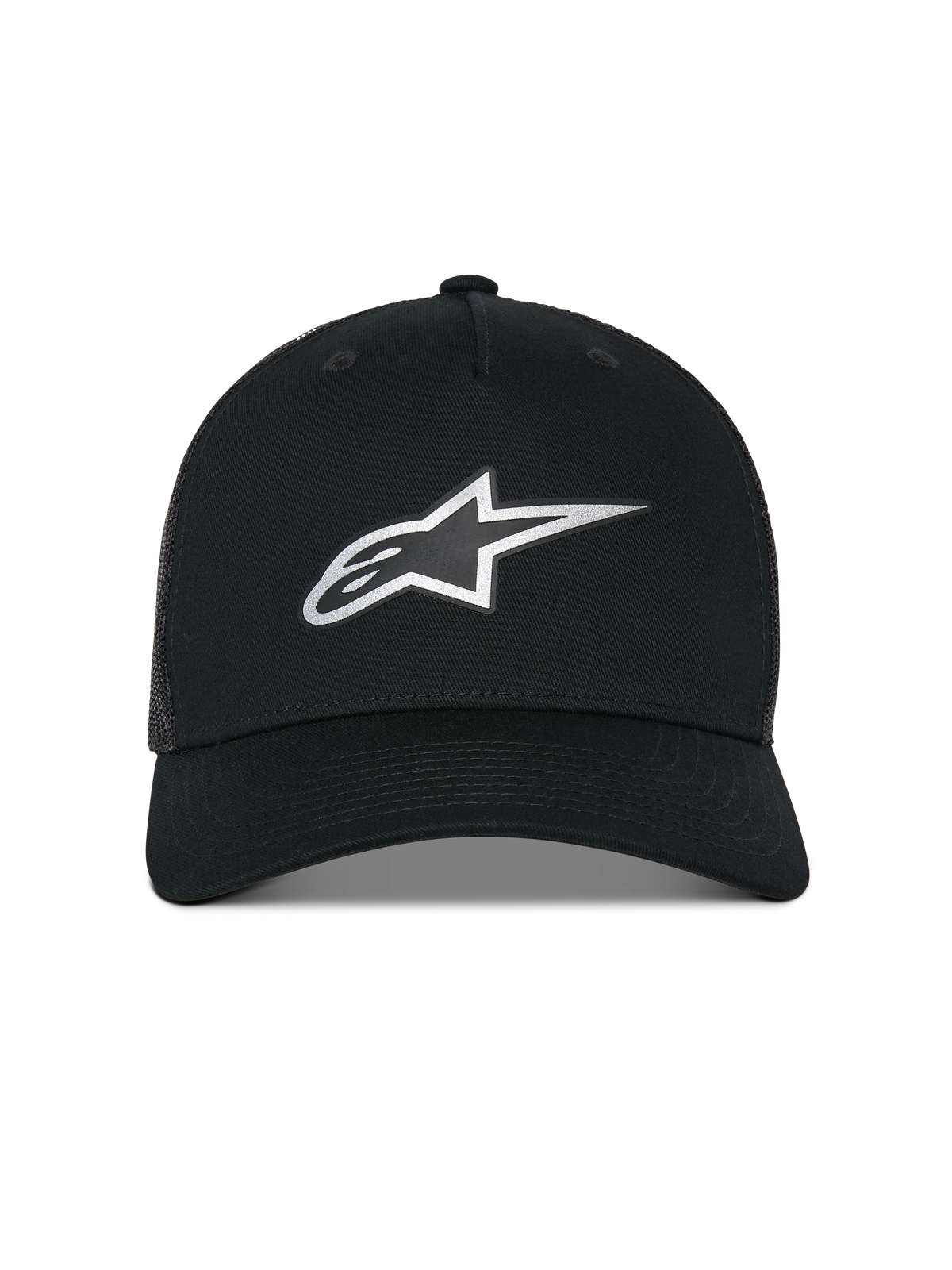 Alpinestars Reflect Ageless Trucker Hat, Trucker Hat, Black, featuring a reflective silver Astars logo on the front, structured crown with a curved bill, and a breathable mesh back, casual motorsport-inspired headwear
