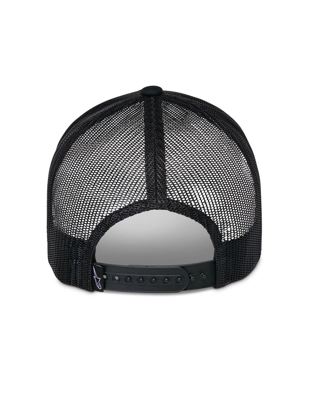 Alpinestars Reflect Ageless Trucker Hat, Black, back view showing breathable poly mesh panels and adjustable snapback closure, features a small woven brand tag, casual motorsport-inspired headwear.