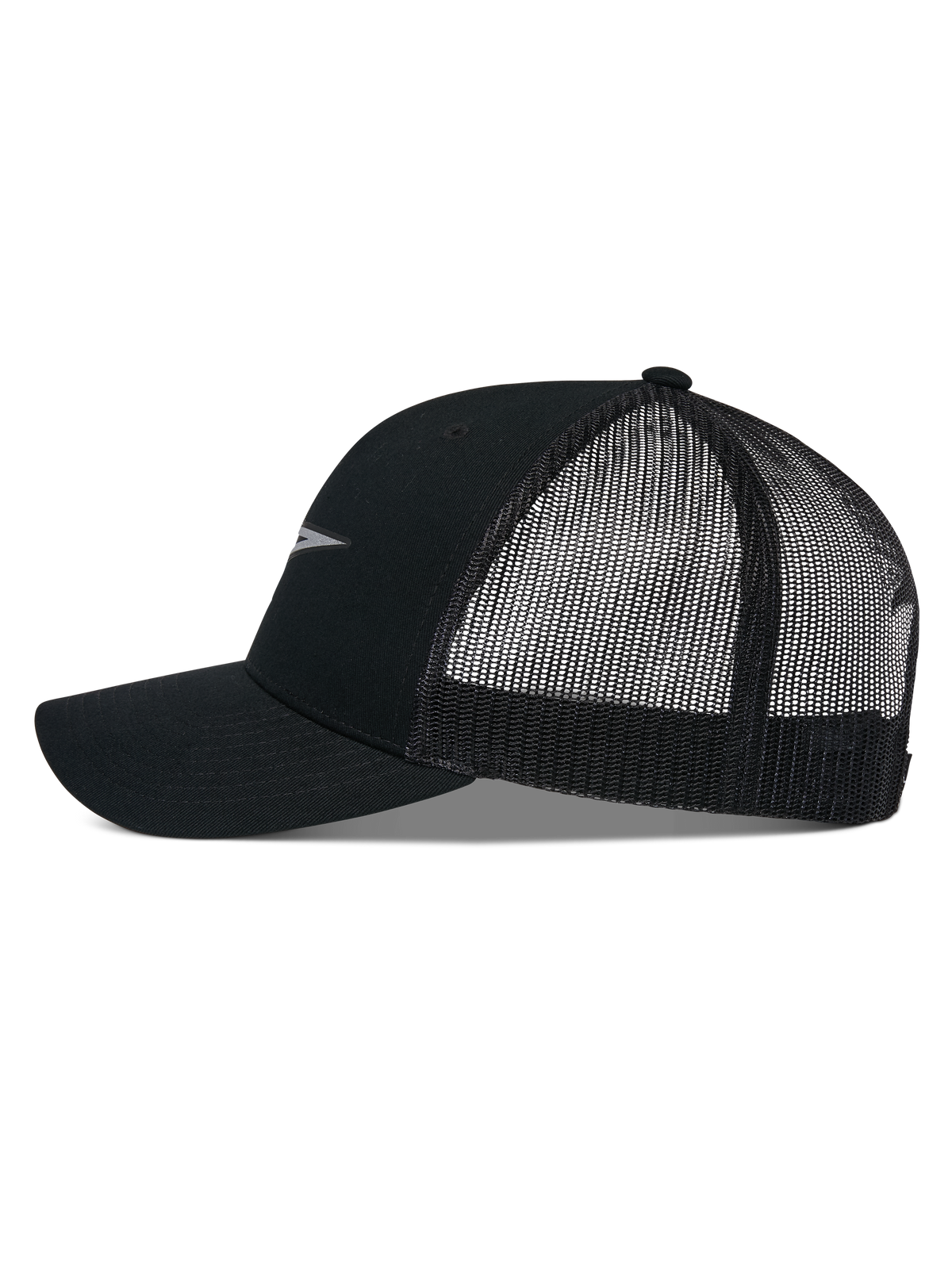 Alpinestars Reflect Ageless Trucker Hat, side profile, Black, curved bill with structured crown, breathable mesh back panels, reflective logo detail, casual motorsport headwear