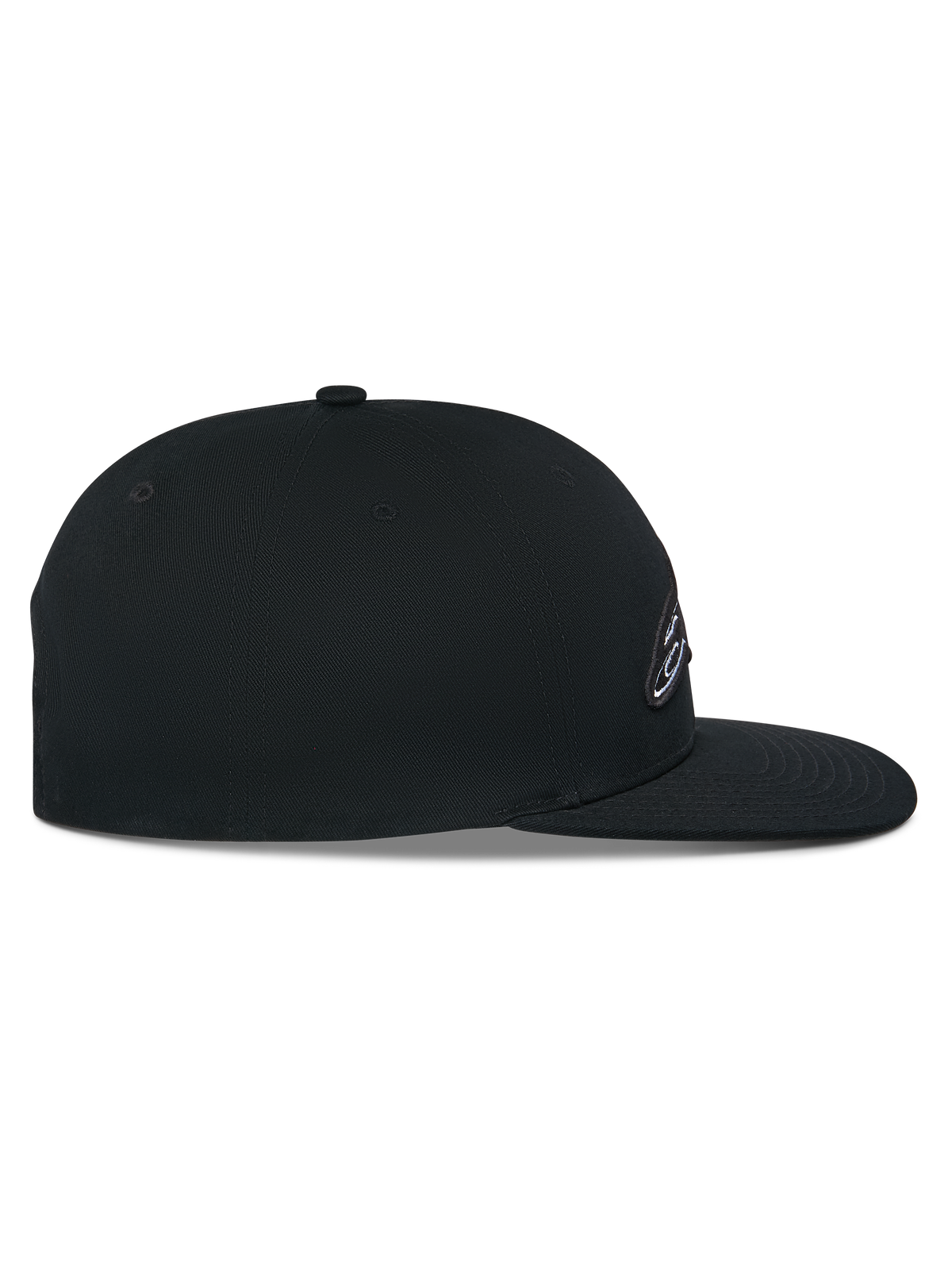 Alpinestars Thickness Snapback Hat, Black, side profile view, structured crown with flat bill, cotton twill main fabric, 3D embroidered logo detail, casual motorsport headwear