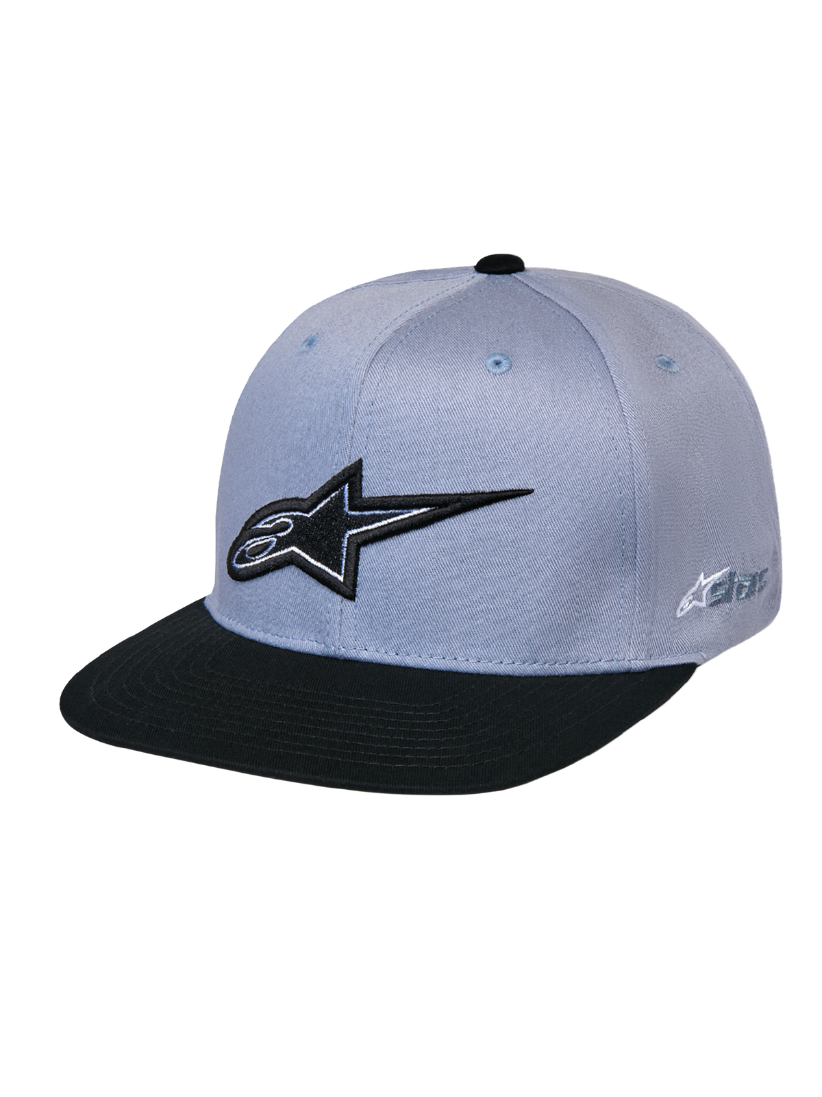 Alpinestars Thickness Snapback-keps, grå och svart, med strukturerad krona och platt skärm, svart 3D-broderad Astars-logotyp på framsidan, sidologotyp, avslappnad motorsportinspirerad huvudbonad