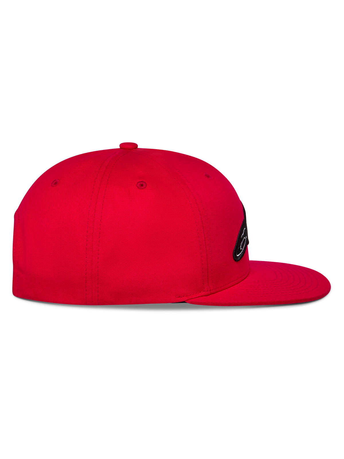 Alpinestars Thickness Snapback-keps, röd, sidovy som visar den platta skärmen och strukturerade kronan, broderad logotyp på framsidan, vardaglig motorsportinspirerad huvudbonad