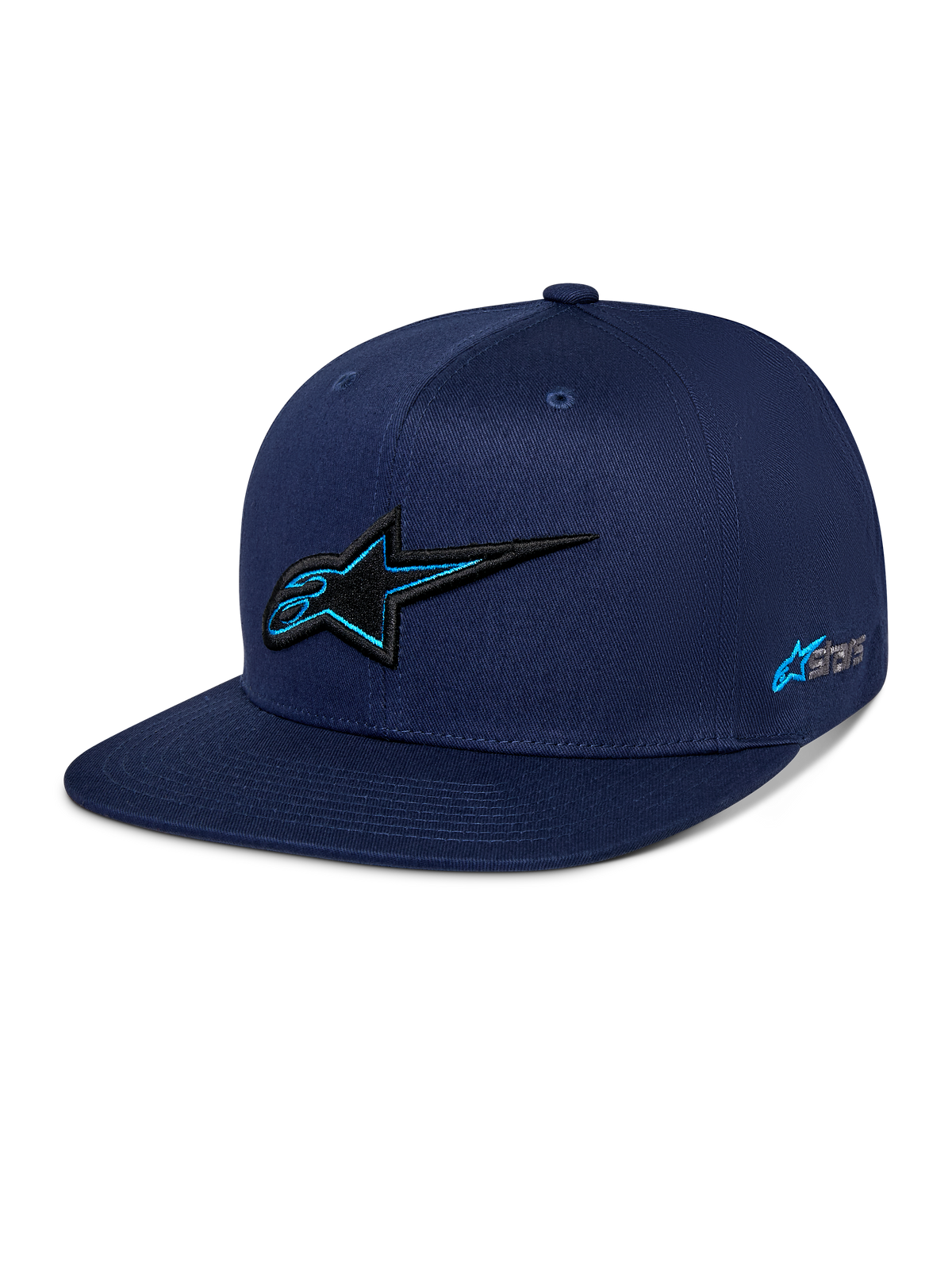 Alpinestars Thickness Snapback-keps, marinblå, strukturerad krona med platt skärm, 3D-broderad Astars-logotyp i svart med ljusblå kontur, broderad logotyp på sidan, motorsportinspirerad streetwear