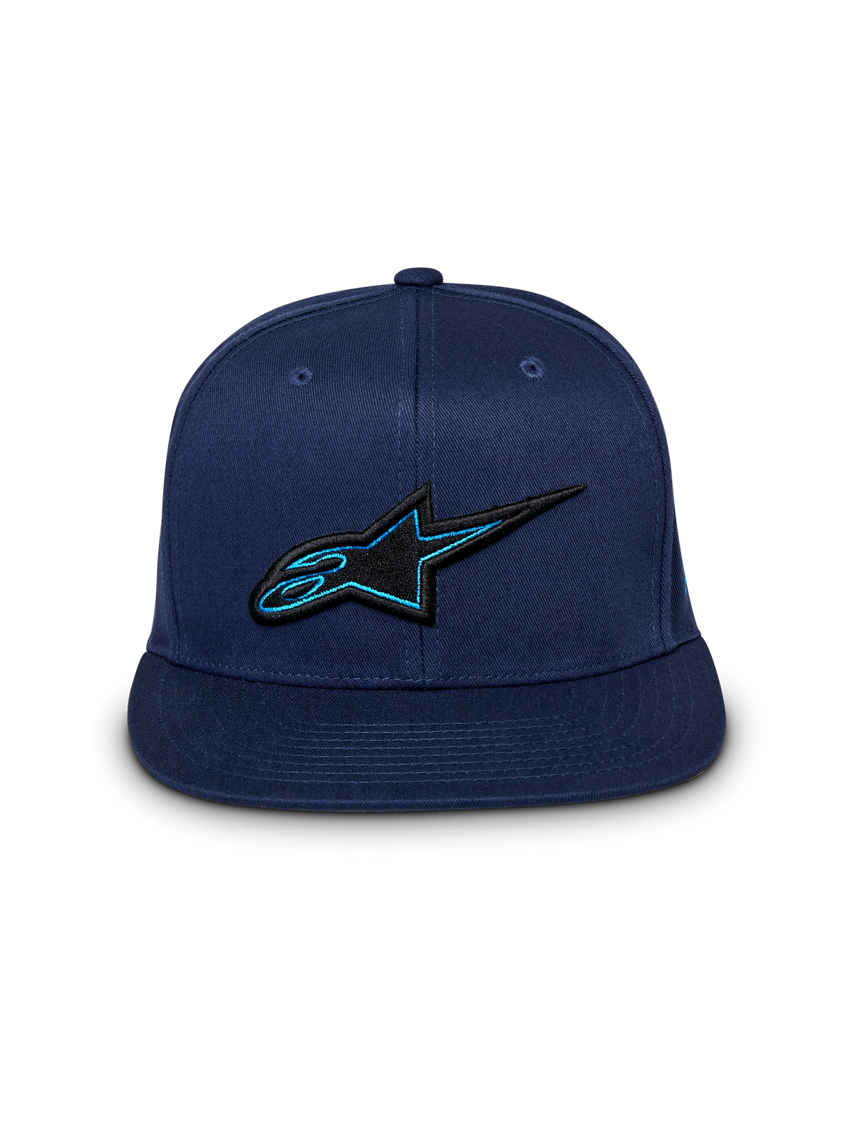 Alpinestars Thickness Snapback-keps, marinblå keps framifrån, 3D-broderad Astars-logotyp i svart och blått, platt skärm, avslappnad motorsport-streetwear