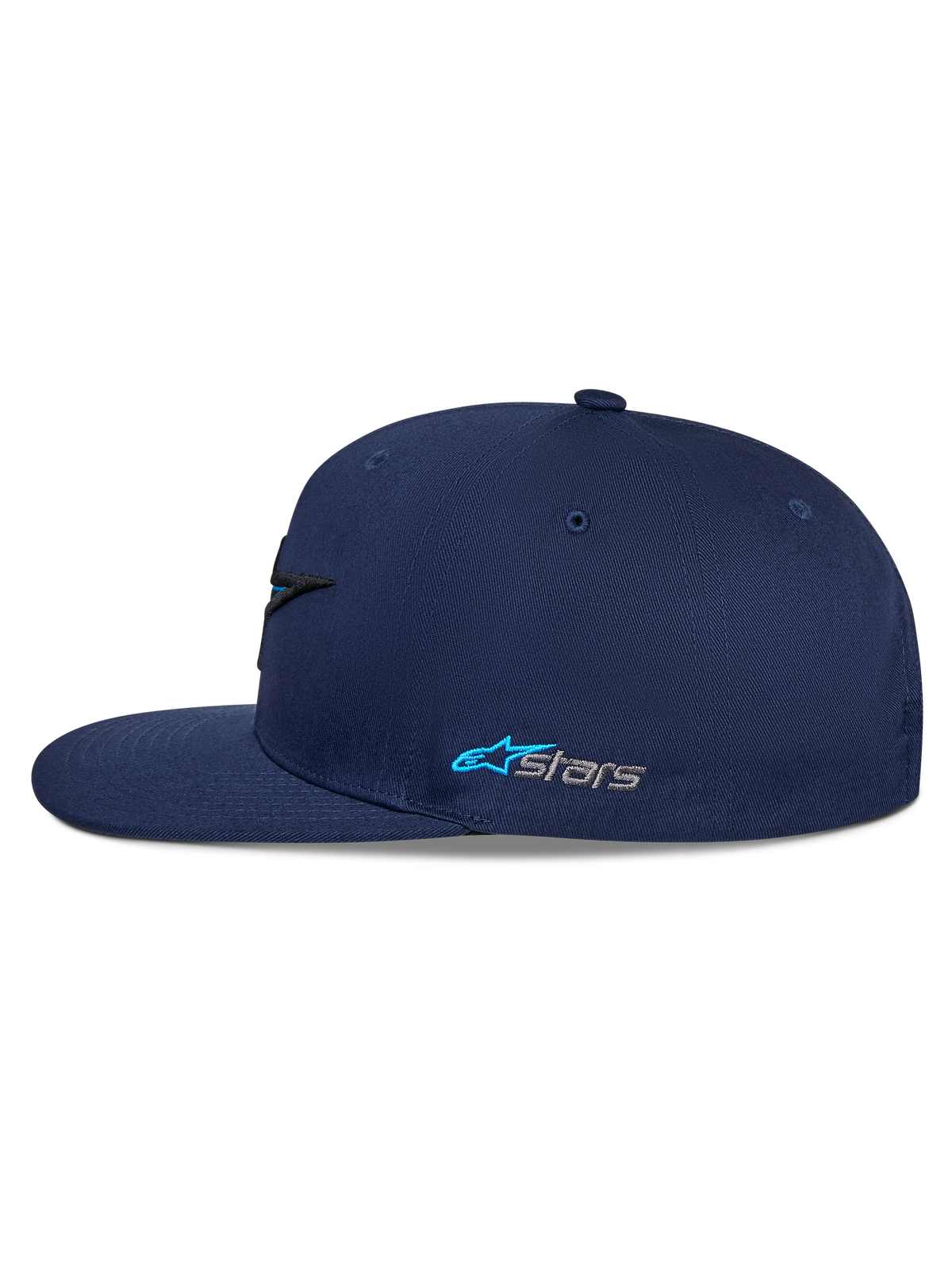 Alpinestars Thickness Snapback-keps, marinblå, sidoprofil, platt skärm med strukturerad krona, broderad Astars-sidologotyp i ljusblått och grått, avslappnad motorsport-streetwear