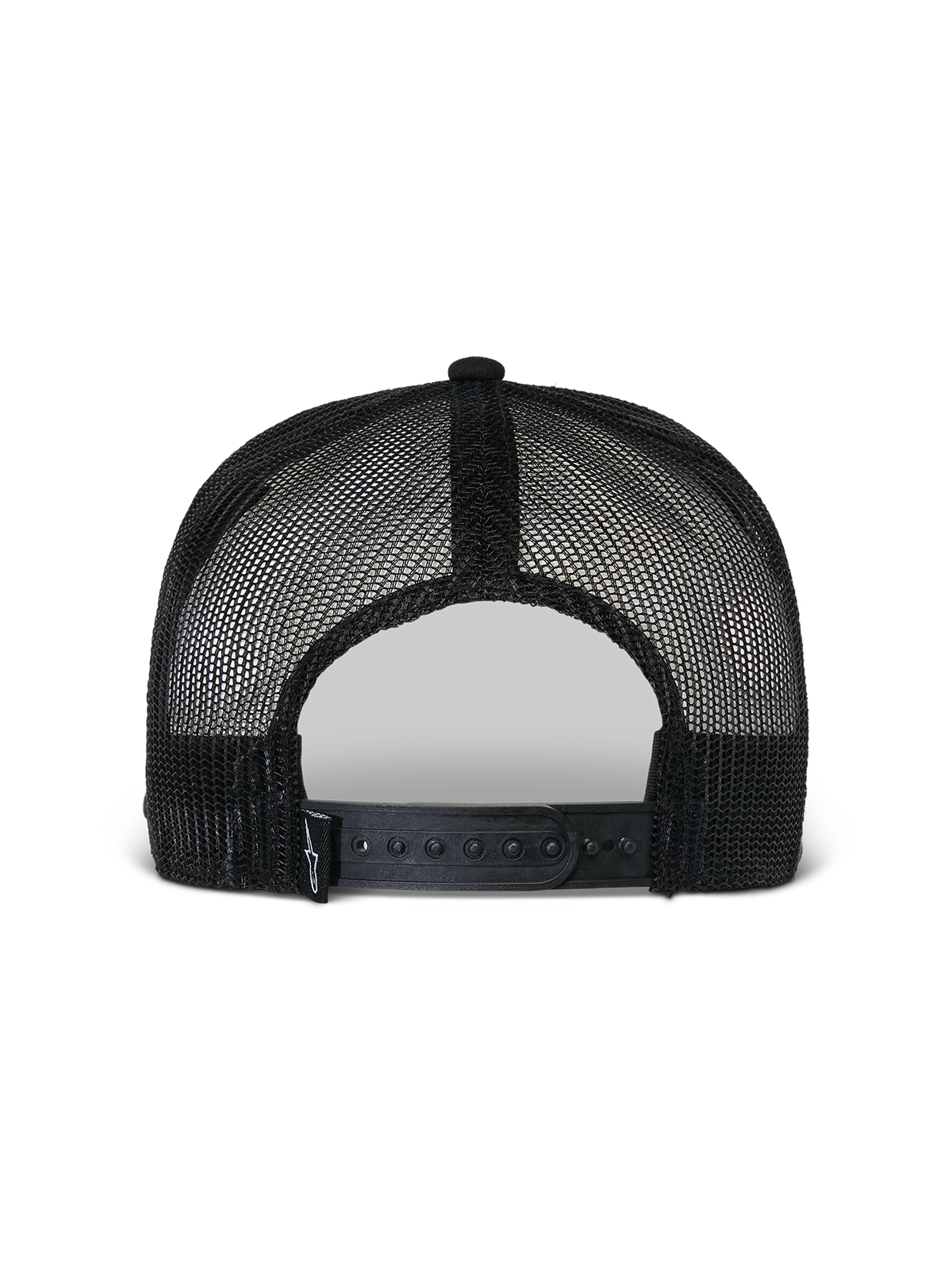 Alpinestars Flag Flat Truckerkeps, svart, baksida som visar ventilerande poly-mesh-konstruktion, justerbar snapback-stängning och liten vävd logotypdetalj, avslappnad motorsport-huvudbonad