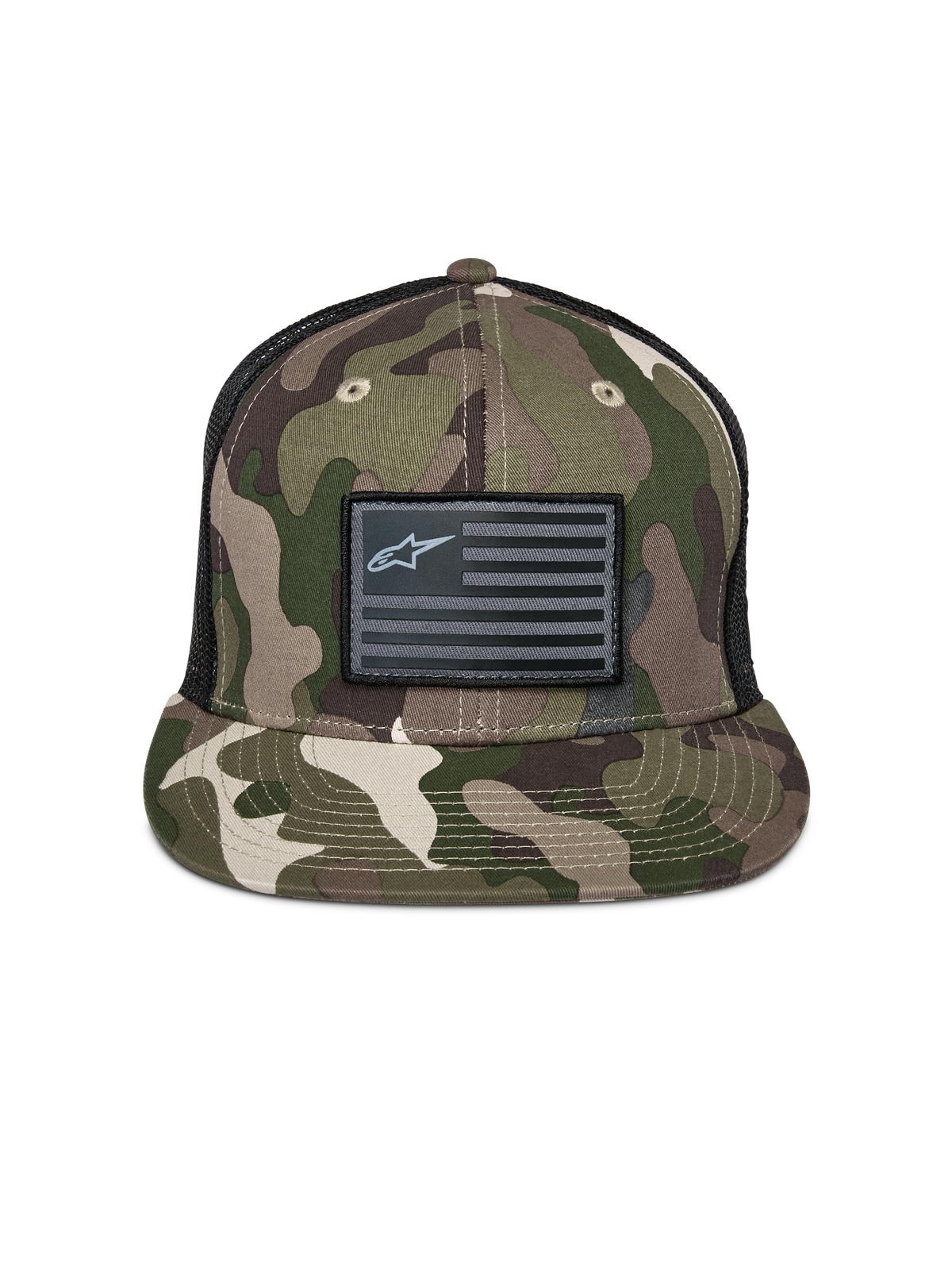 Alpinestars Flag Flat Trucker Hat, Green Camo and Black, flat bill with structured crown, black flag patch with Alpinestars logo, mesh back, casual motorsport-inspired headwear