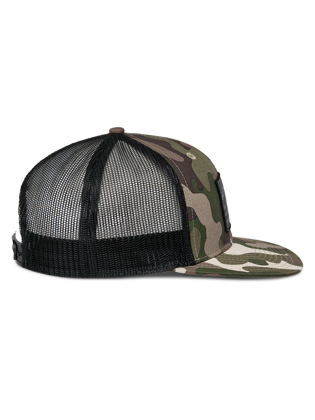Alpinestars Flag Flat Trucker Hat, Green Camo and Black, side profile featuring flat camouflage bill, structured front, and breathable black mesh back, snapback closure, casual motorsport headwear