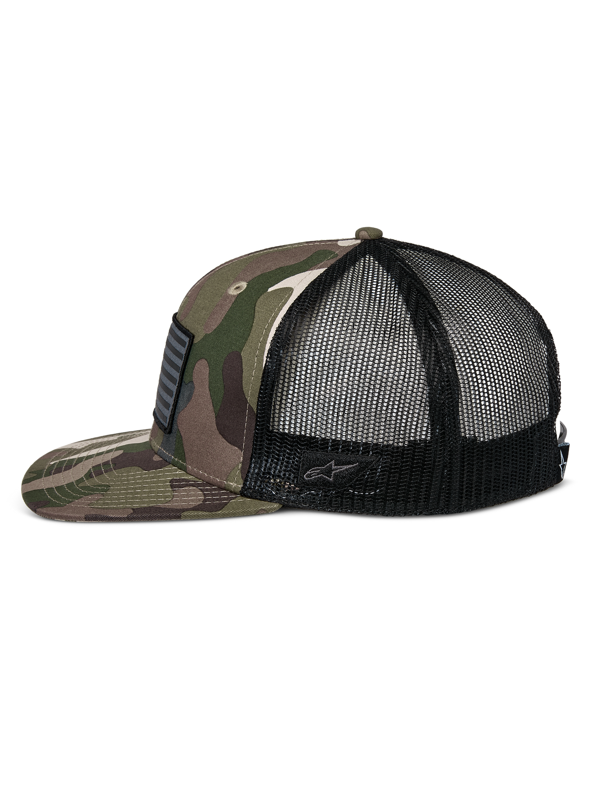 Alpinestars Flag Flat Trucker Hat, Green Camo and Black, flat bill and structured crown, camouflage twill front with black mesh back, side view showing merrow flag patch and embroidered logo, casual motorsport-inspired streetwear
