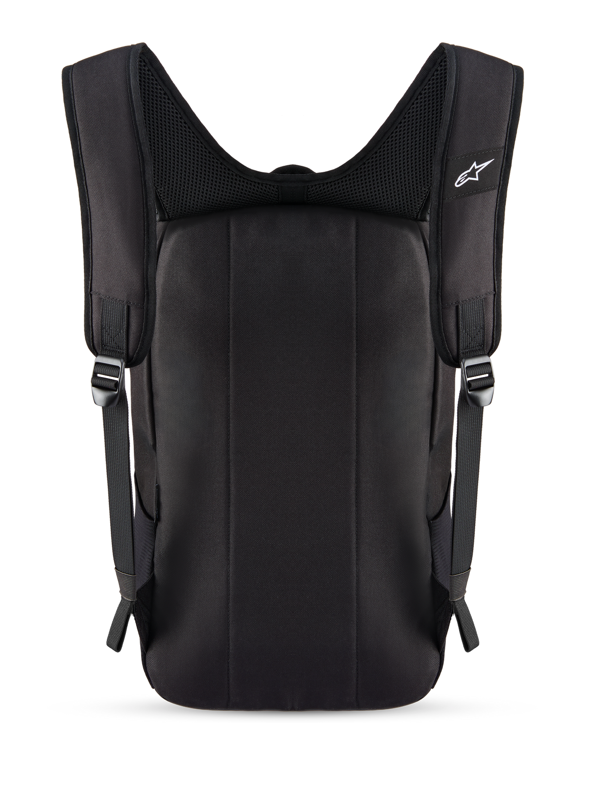 Alpinestars Defcon V3 ryggsäck, svart, baksida med vadderad ryggpanel och axelremmar i ventilerande mesh, liten vit Alpinestars-logotyp på remmen, hållbar konstruktion i 600D polyester för vardagsbruk