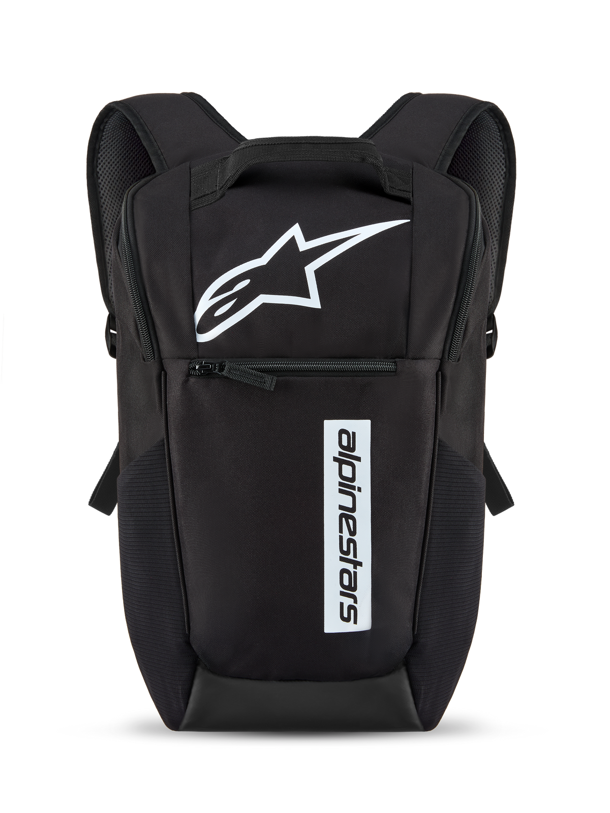 Alpinestars Defcon V3 Ryggsäck, svart och vit, liten ryggsäck för vardagsbruk med vit stjärnlogotyp och vertikal textlogotyp, främre dragkedjeficka, vadderade axelremmar, hållbart 600D-polyestermaterial
