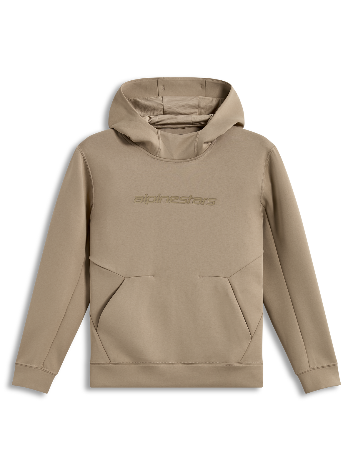 Alpinestars Datrix hoodie, sporttröja i premium dubbelvävd fleece, beige, tonal HD-logotyp på bröstet, meshfodrad huva, bekväm streetwear-design