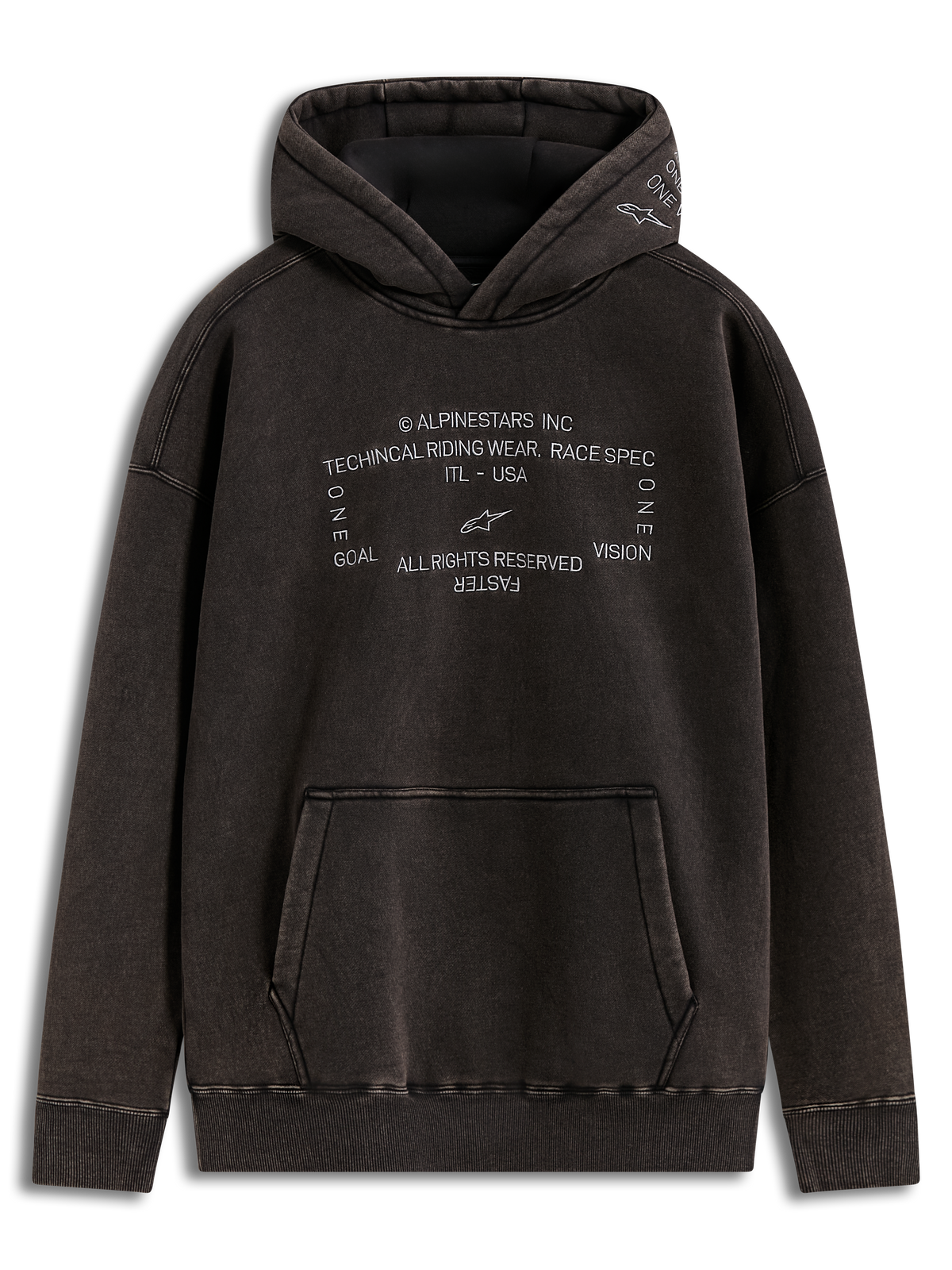 Alpinestars Infinite Washed Oversized huvtröja, svart med snötvätt, broderade racing-spec logotyper på bröstet, känguruficka och ribbade muddar, avslappnad motorsportinspirerad streetwear.