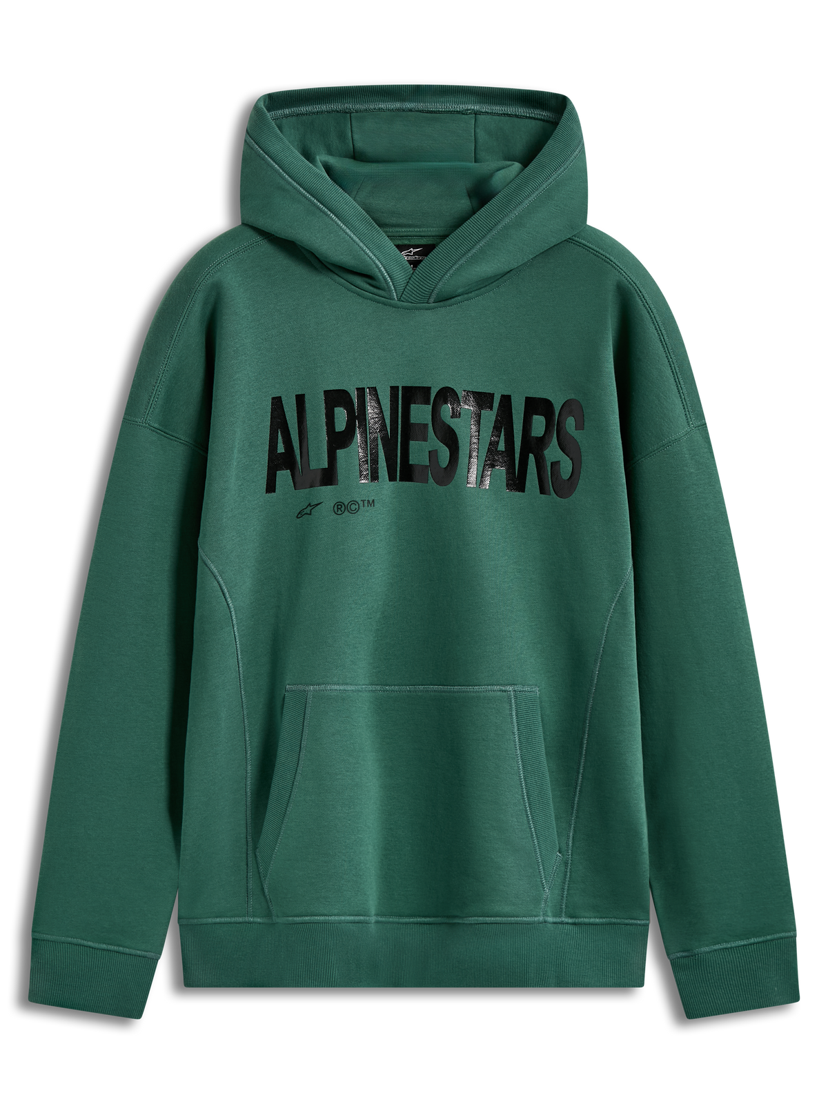 Alpinestars Shaw Oversized Hoodie, grön fleecehuvtröja med svart texturerad Alpinestars-logotyp, känguruficka, ribbade muddar och avslappnad passform