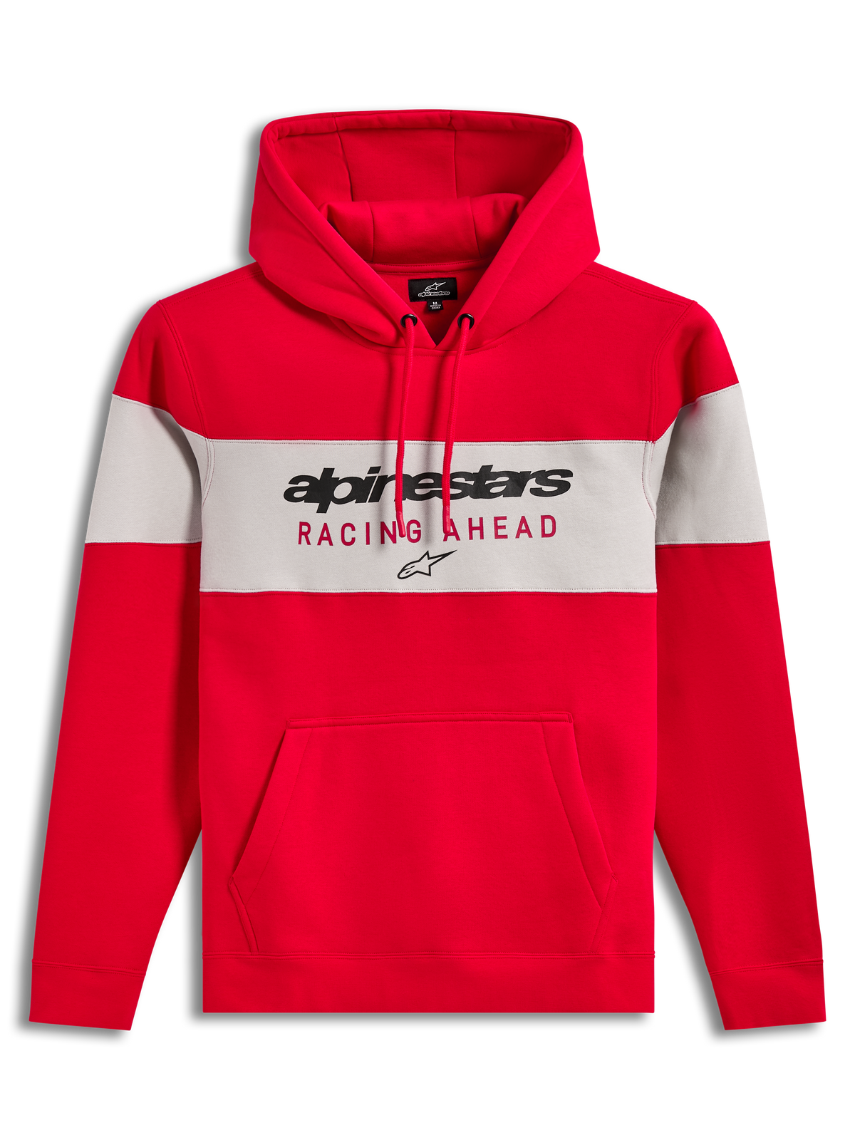 Alpinestars Cubic Hoodie, röd och grå färgblockerad huvtröja i fleece med logotyp framtill, huva med dragsko och känguruficka.