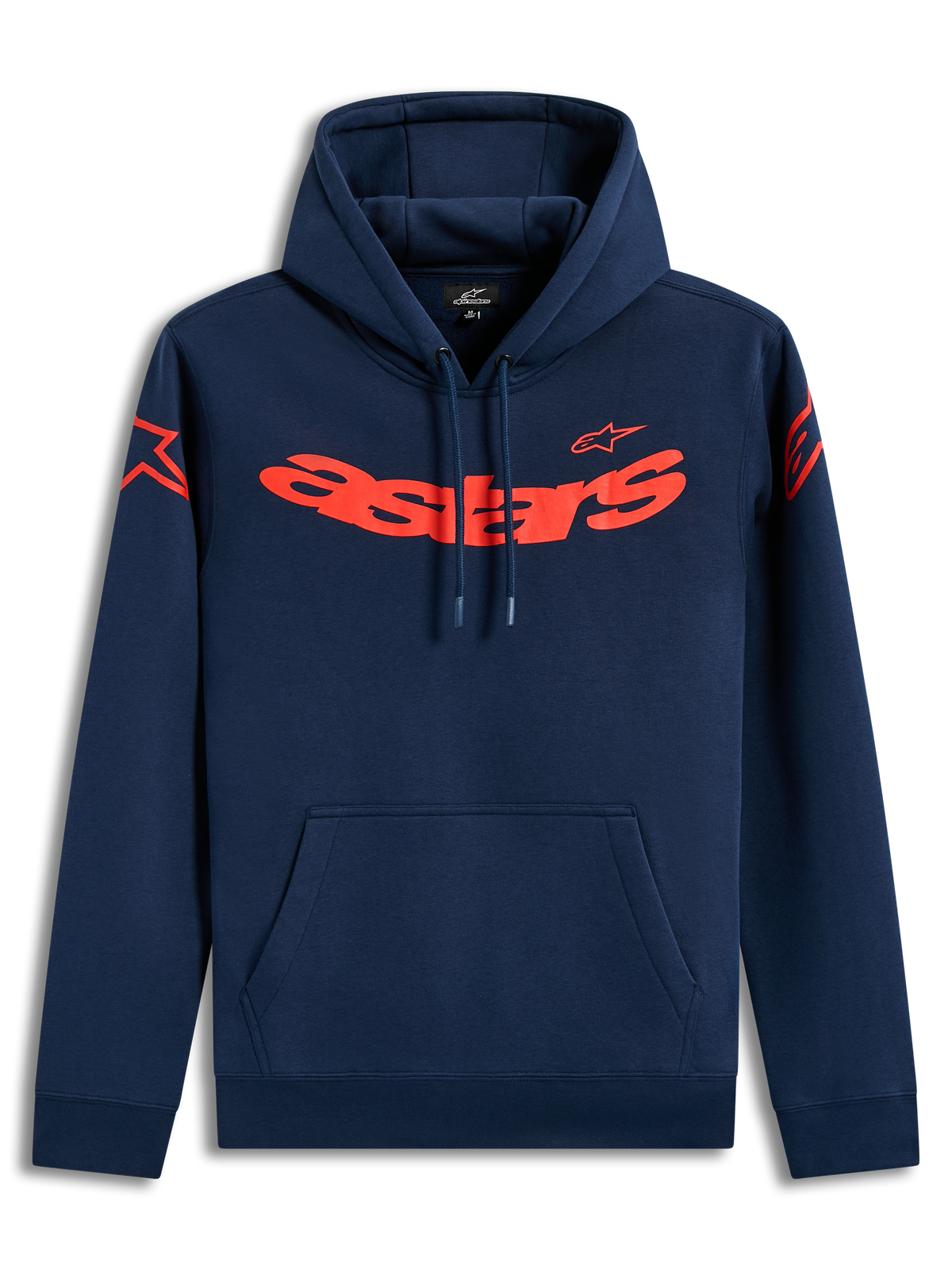 Alpinestars Velocifier huvtröja, mörkblå fleecehuvtröja med rött Astars-ordmärke och axellogotyper, sportkläder