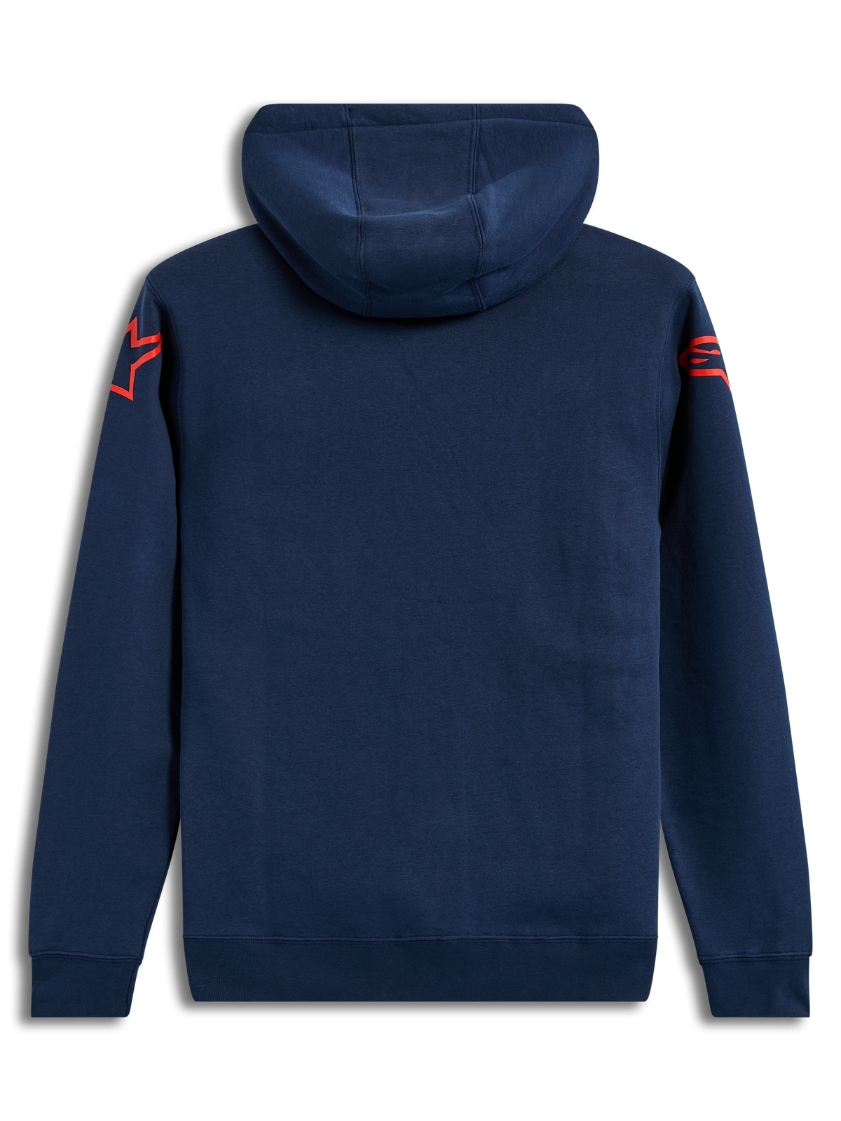 Alpinestars Velocifier hoodie, mörkblå huvtröja i fleece, vy bakifrån med röda Astars-logotyper på axlarna, ribbade muddar och huva, sportig motorsportstil