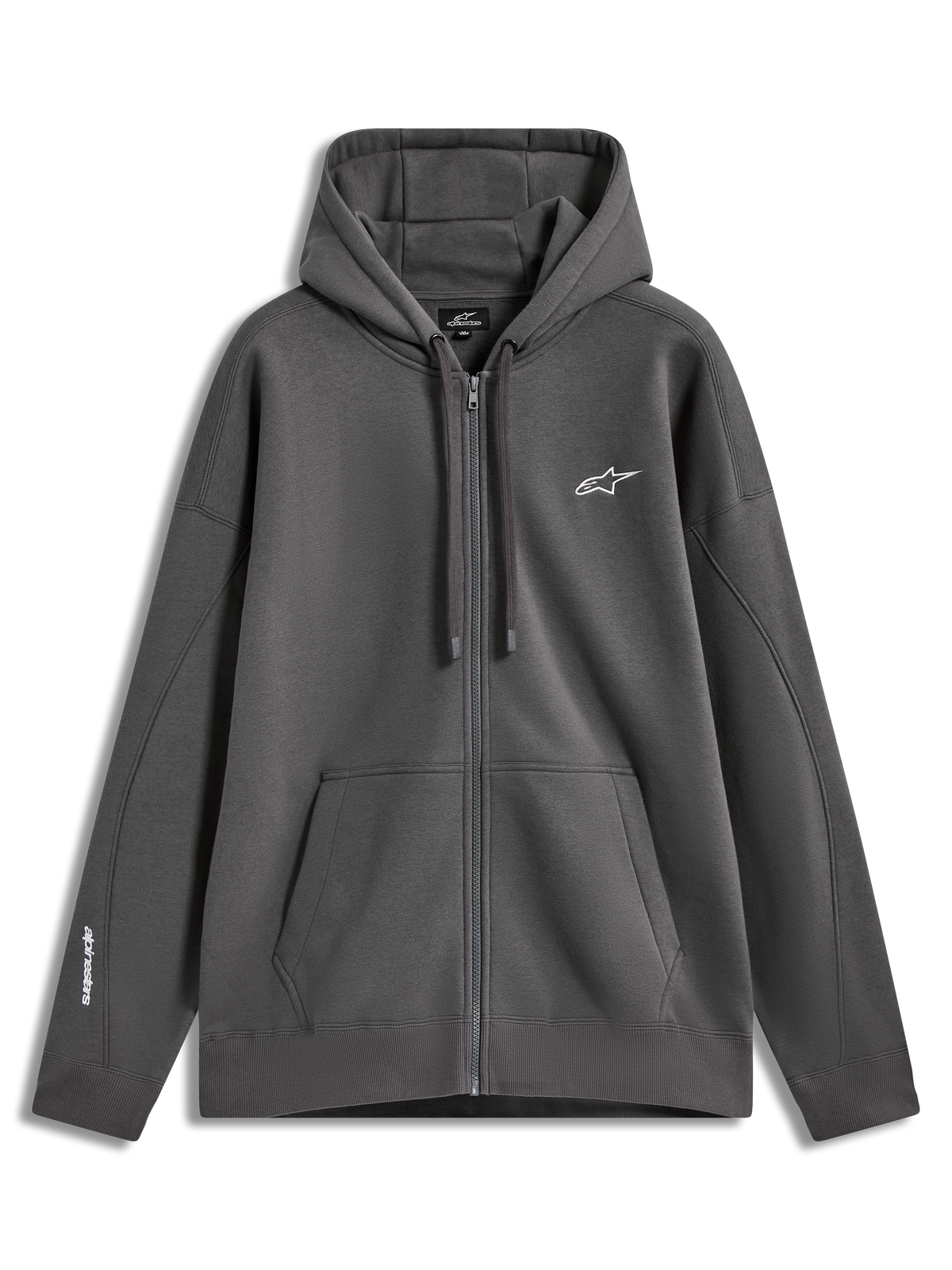 Alpinestars Entity Oversized hoodie, mörkgrå fleecehuvtröja med dragkedja, vit broderad logotyp på bröstet och ärmen, känguruficka och ribbade muddar, sportig vardagsstil