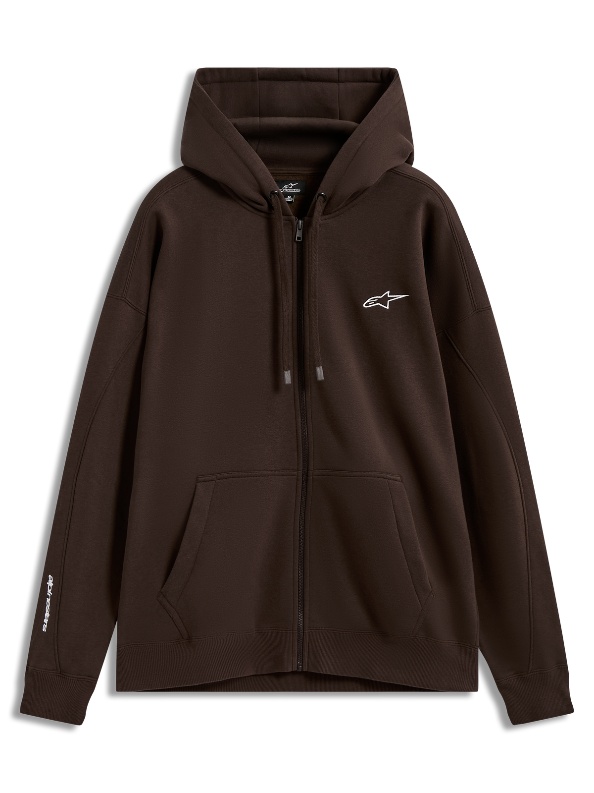 Alpinestars Entity Oversized Hoodie, brun fleecehuvtröja med dragkedja, vita logotyper och känguruficka, avslappnad sportstil.