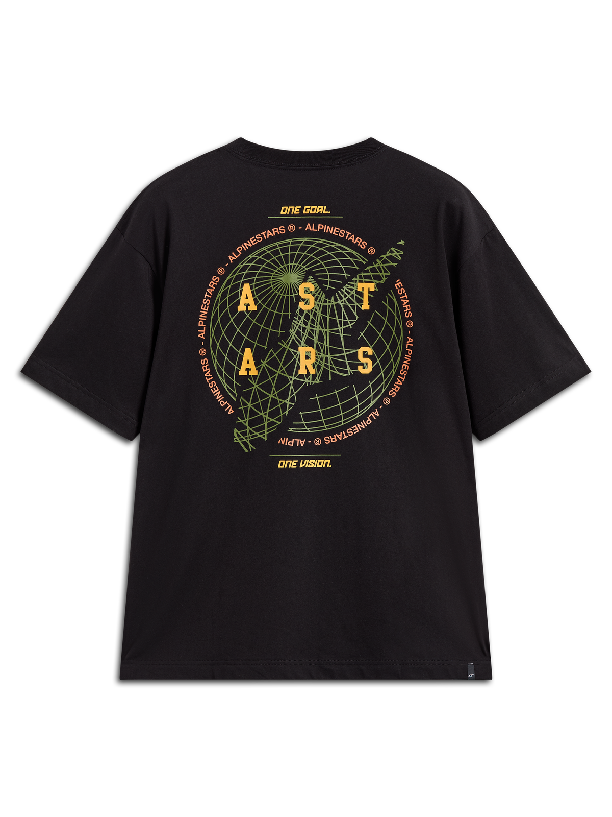Alpinestars Latitude Oversized CSF t-shirt, svart kortärmad tröja med baksidesgrafik med grön glob och gul ASTARS-logotyp.