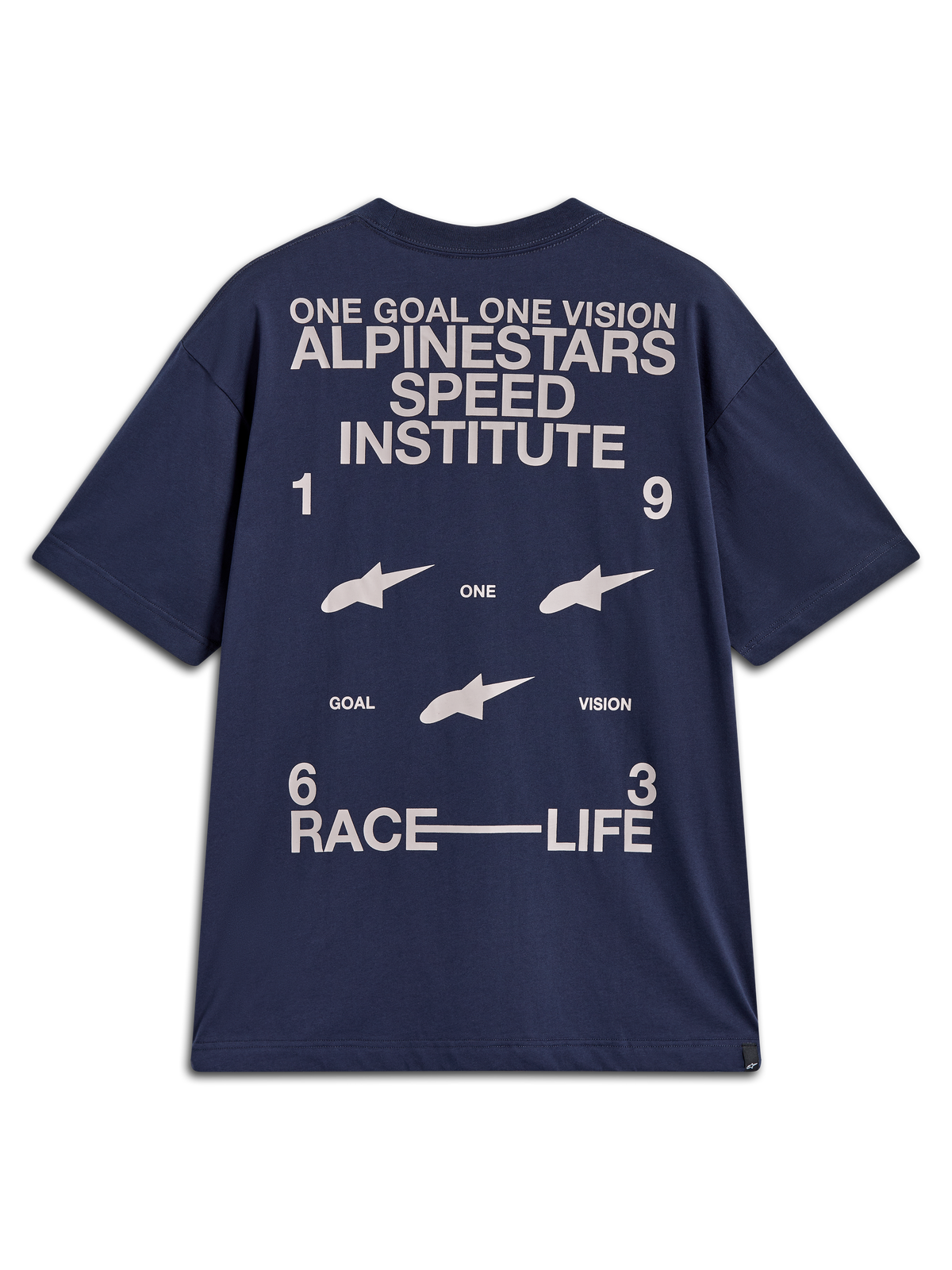 Alpinestars Institute Oversized SS CSF t-shirt, mörkblå kortärmad tröja med vit rygggrafik, avslappnad motorsportstil