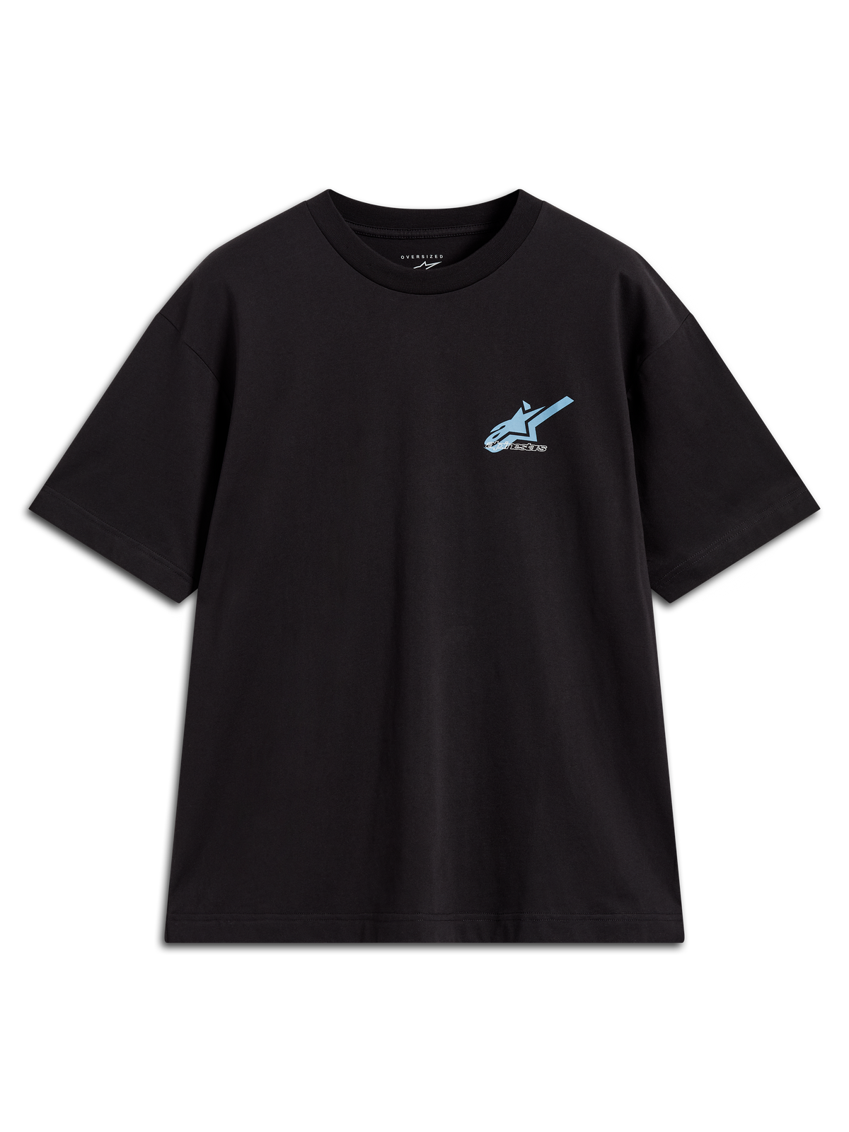 Alpinestars Ghost Oversized CSF t-shirt, svart kortärmad t-shirt med ljusblå logotyp fram, ledig sportswear.