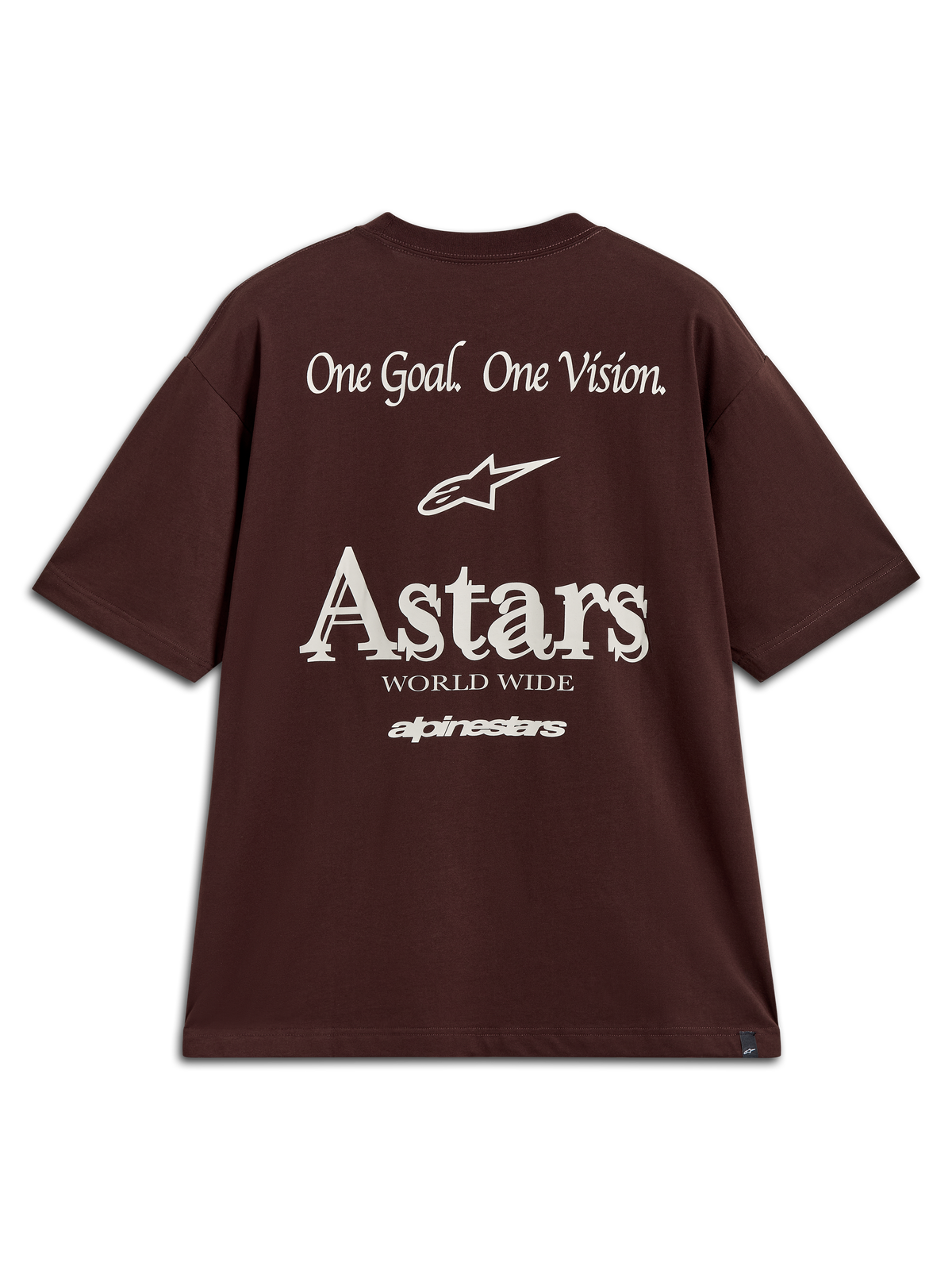 Alpinestars Post Oversized CSF Tee, brun kortärmad t-shirt med vit Astars-logotyp och One Goal One Vision-grafik bak.