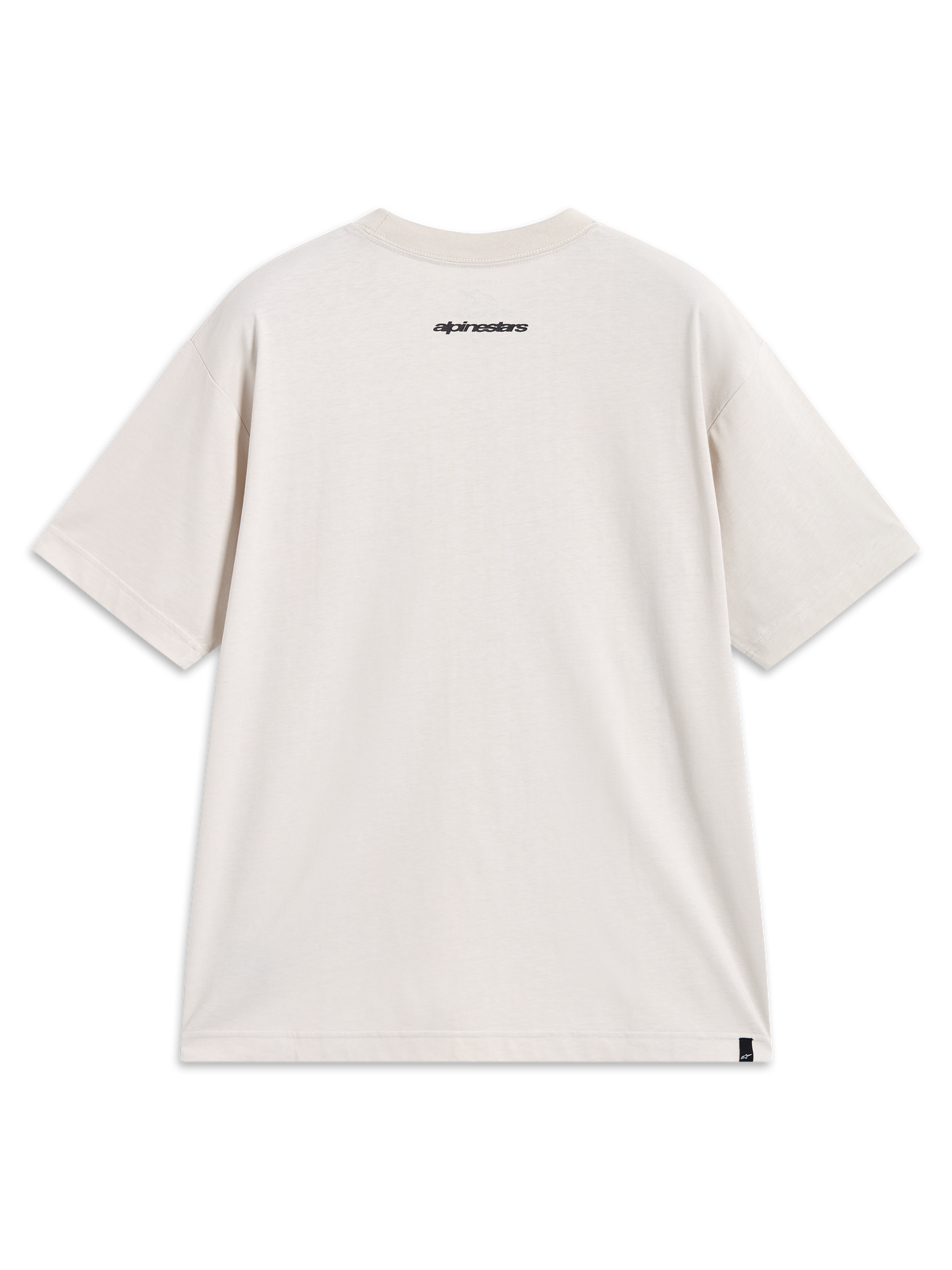 Alpinestars Mandate Oversized CSF Tee, kortärmad t-shirt för sport och fritid, beige, baksida med ordgrafik i nacken och logotypetikett nertill.