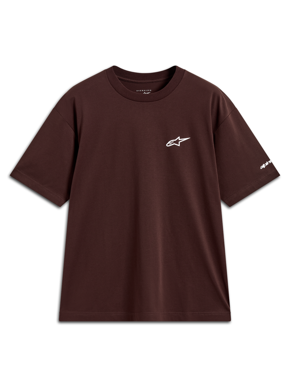 Alpinestars Mandate Oversized CSF t-shirt, brun kortärmad t-shirt med vit Astars-logotyp i pufftryck och logotyp på ärmen.