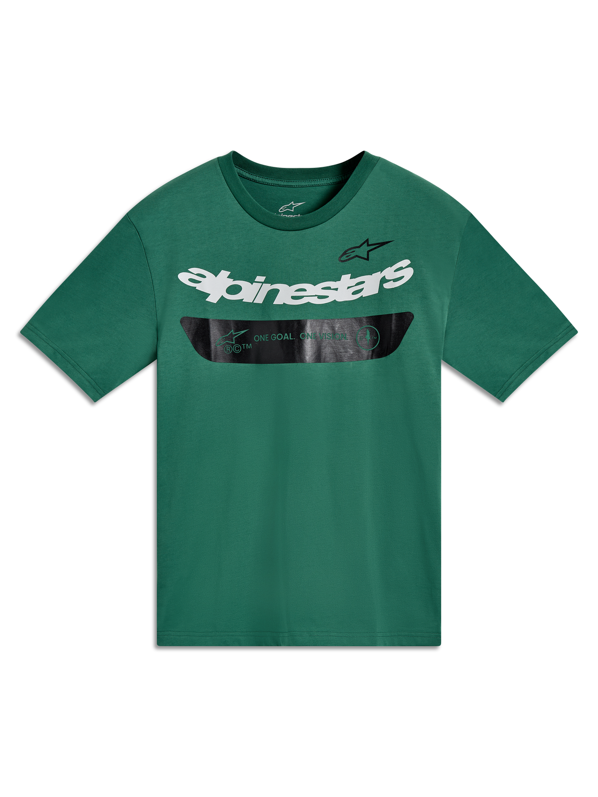 Alpinestars Singular CSF Tee, grön kortärmad t-shirt med vit Alpinestars-logotyp och ett svart grafikband, bekväm sportswear.