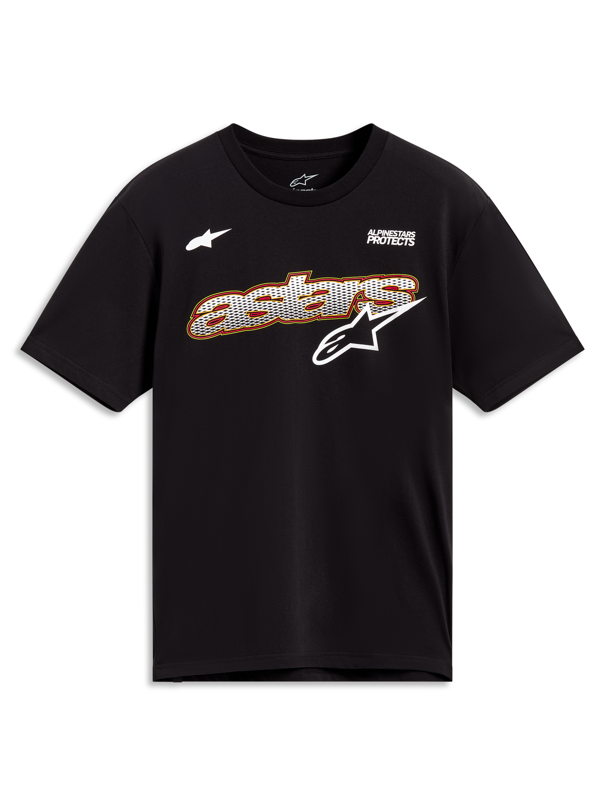 Alpinestars Cypress CSF t-shirt, svart kortärmad t-shirt med mesh-fylld Astars-grafik och vit logotyp, sportswear.