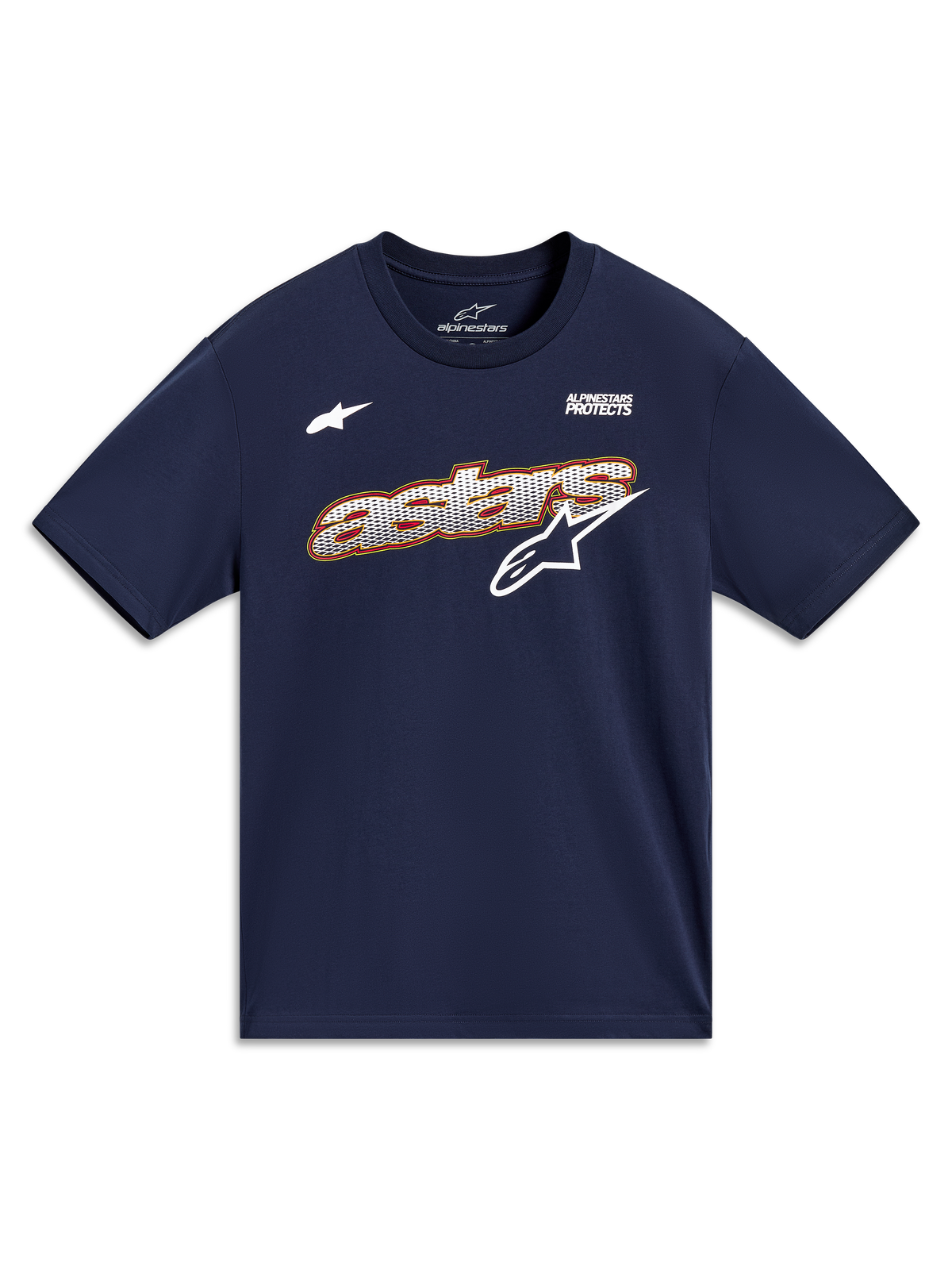 Alpinestars Cypress CSF T-shirt, kortärmad t-shirt i mörkblå, med meshfylld Astars-grafik och Alpinestars Protects-motto, mjukt tryck, vardaglig motorsportinspirerad streetwear