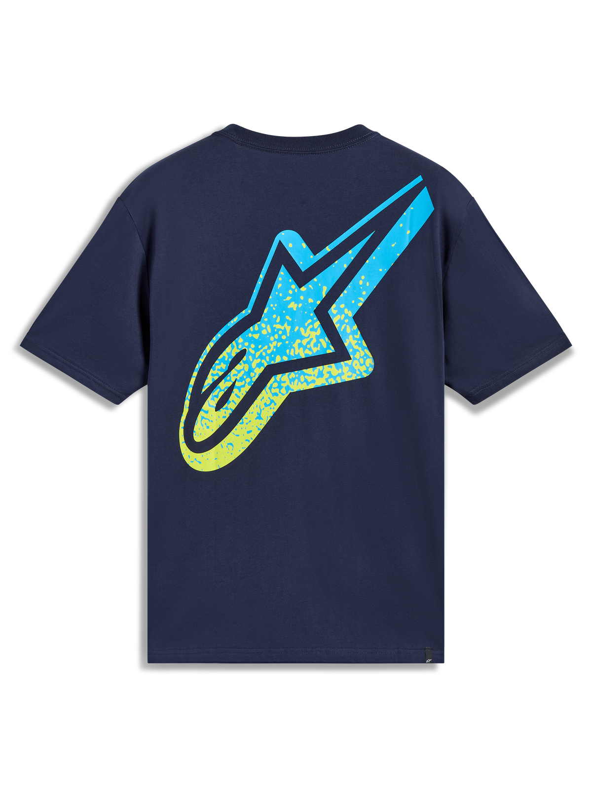 Alpinestars Meteor CSF t-shirt, kortärmad mörkblå sporttröja med stor gul och blå gradient Astars-logotyp på ryggen.