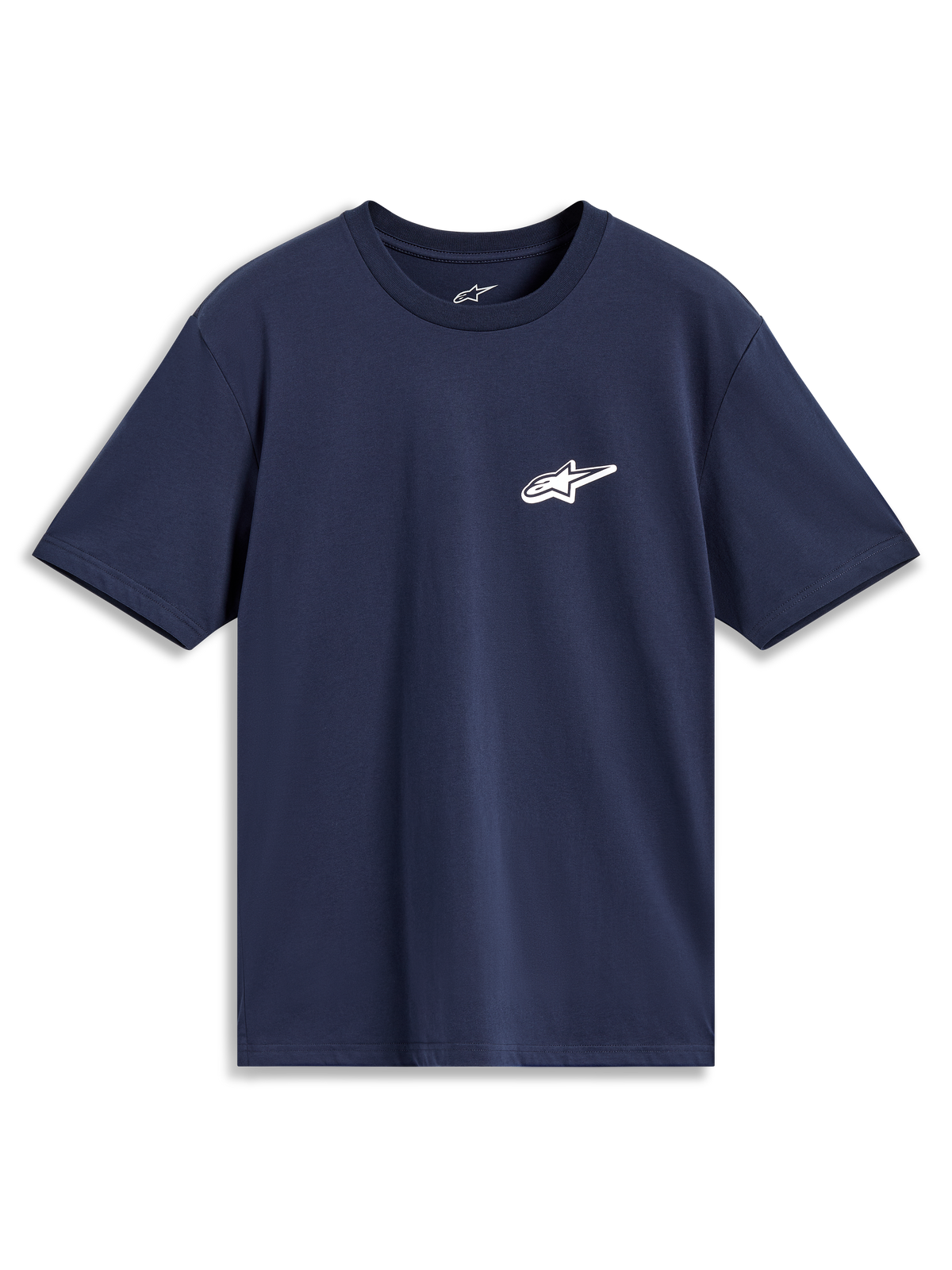 Alpinestars Meteor CSF kortärmad t-shirt, mörkblå med vit Astars-logotyp på bröstet, avslappnad motorsportstil.