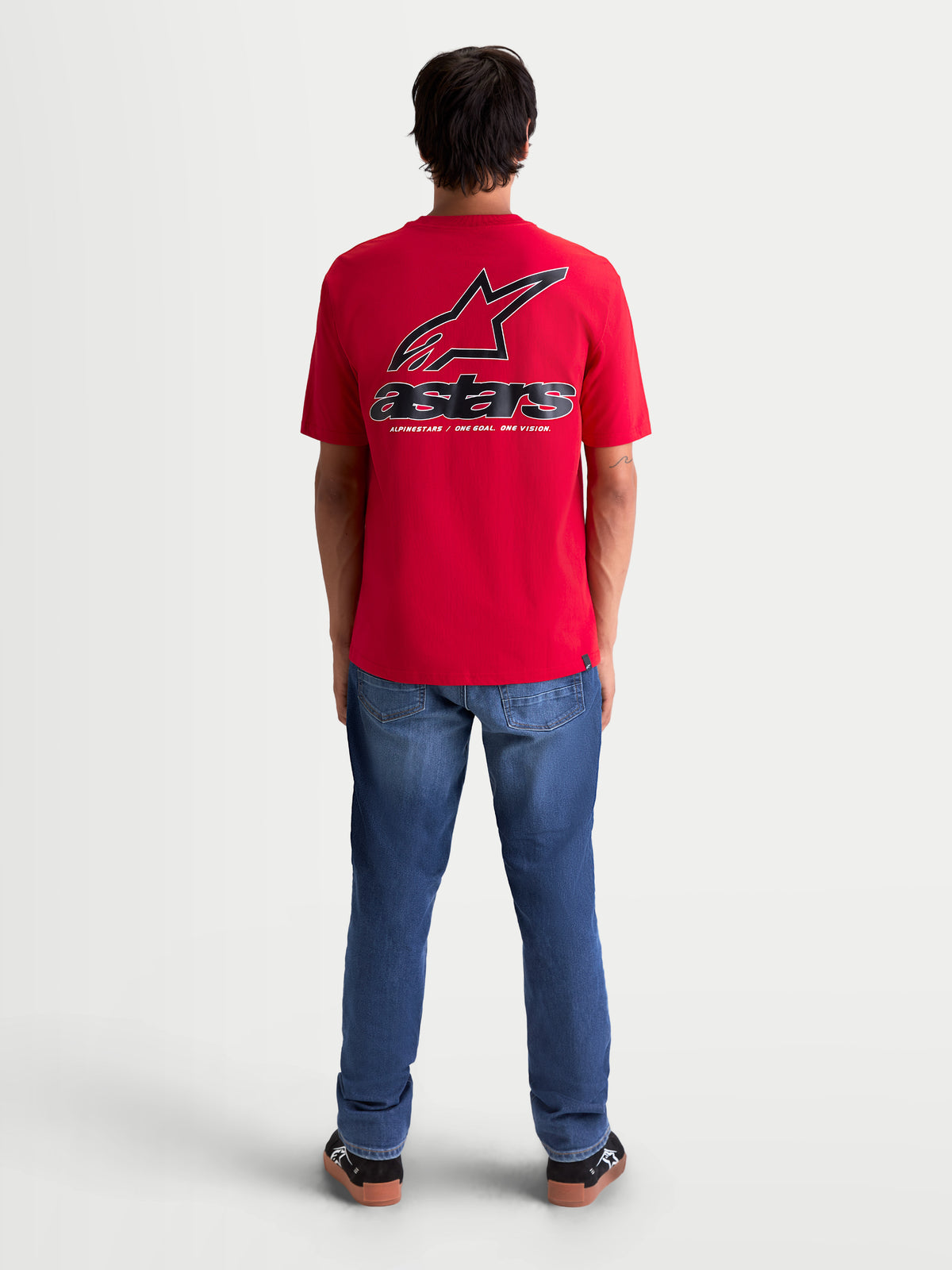 Alpinestars Lineout CSF t-shirt, kortärmad sportswear t-shirt för herrar, röd med stor svart och vit Astars-logotyp och spiralgrafik på ryggen, mjukt tryck, casual lifestyle-plagg
