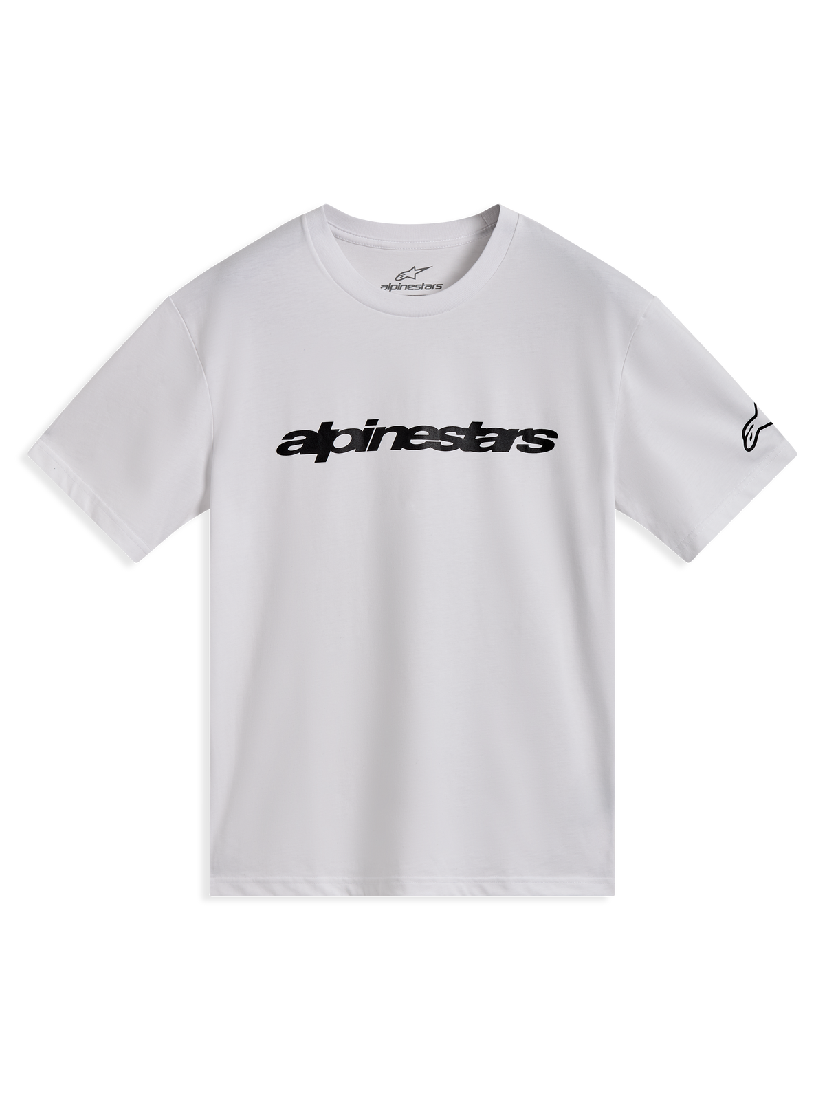 Alpinestars Race Wordmark CSF t-shirt, vit kortärmad tröja med svart linjär bröstlogotyp och logga på ärmen.