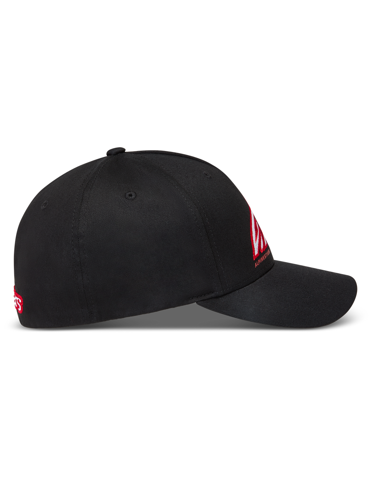 Alpinestars Lineout hatt, svart keps i twilltyg med böjd skärm, röd och vit broderad logotyp på en strukturerad krona, klassisk motorsportstil