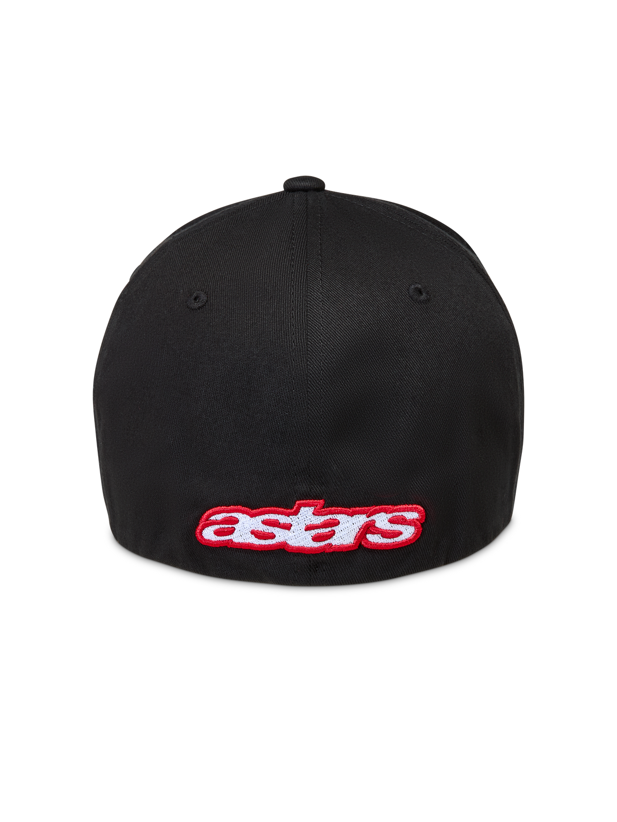 Alpinestars Lineout hatt, svart keps i twilltyg med flexibelt bakstycke, vy bakifrån med röd och vit broderad Astars-logotyp, motorsportinspirerad huvudbonad