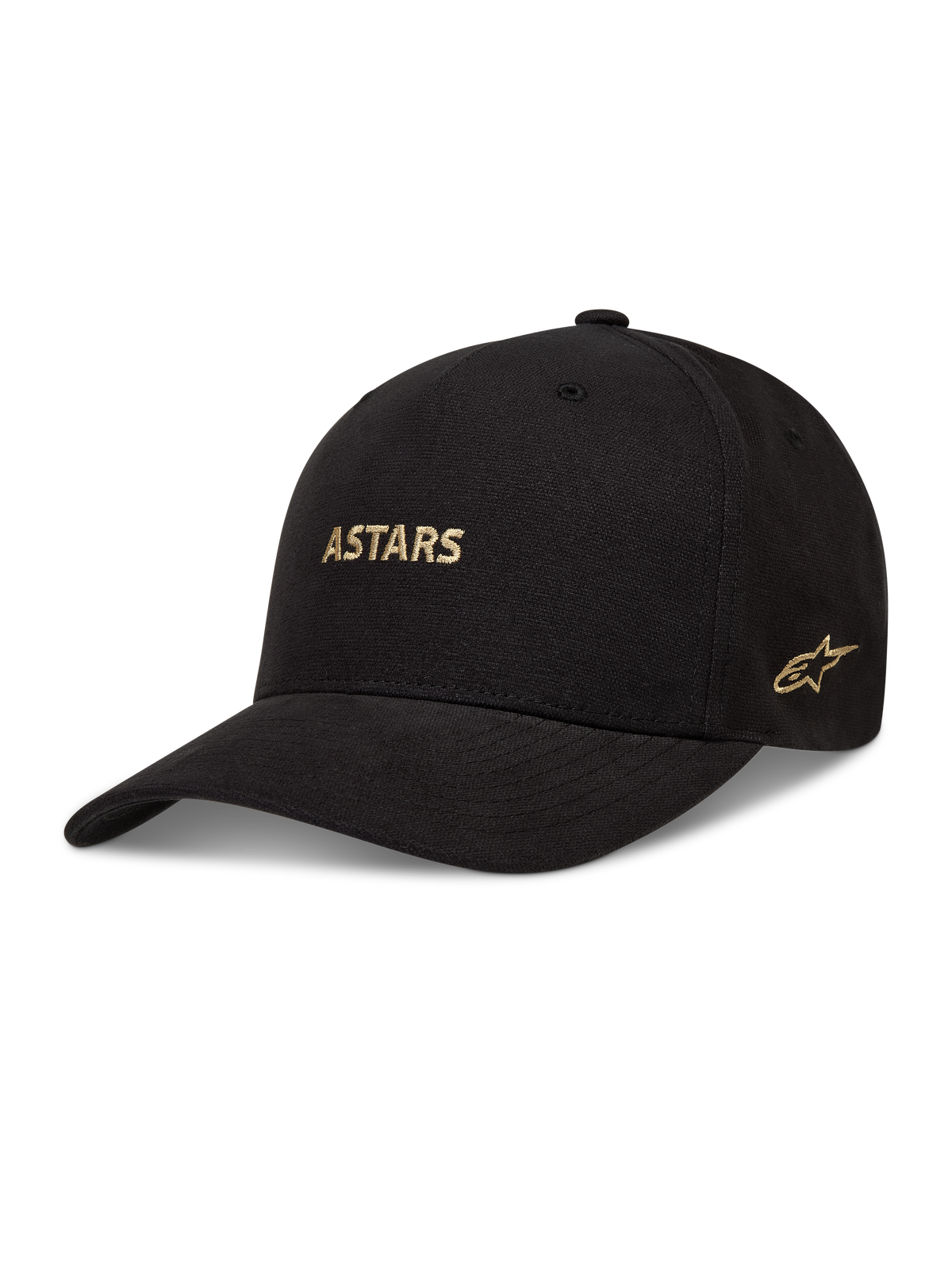 Alpinestars County Canvas hatt, svart keps med böjd skärm och guldbroderad Astars-logotyp i sportig stil