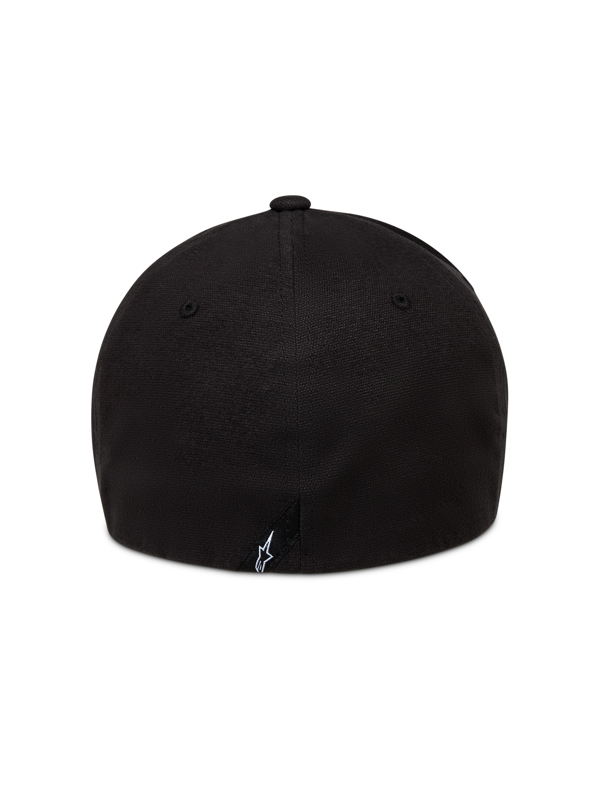 Alpinestars County Canvas hatt, svart keps i vy bakifrån med flexibelt bakstycke, strukturerad krona och liten broderad Astars-logotyp, vardaglig motorsportinspirerad huvudbonad