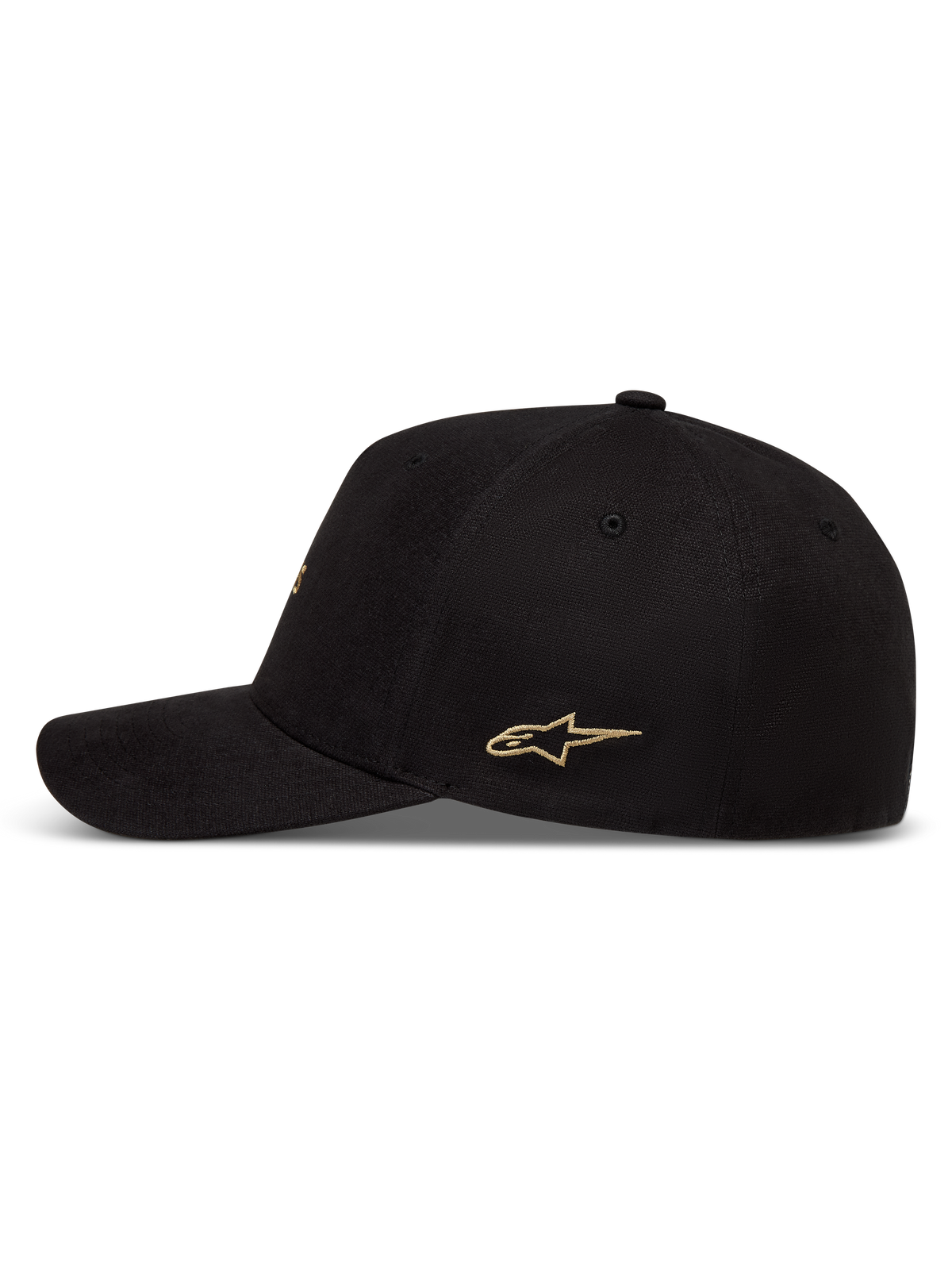 Alpinestars County Canvas hatt, svart keps med guldbroderad stjärnlogotyp på sidan, böjd skärm och strukturerad krona