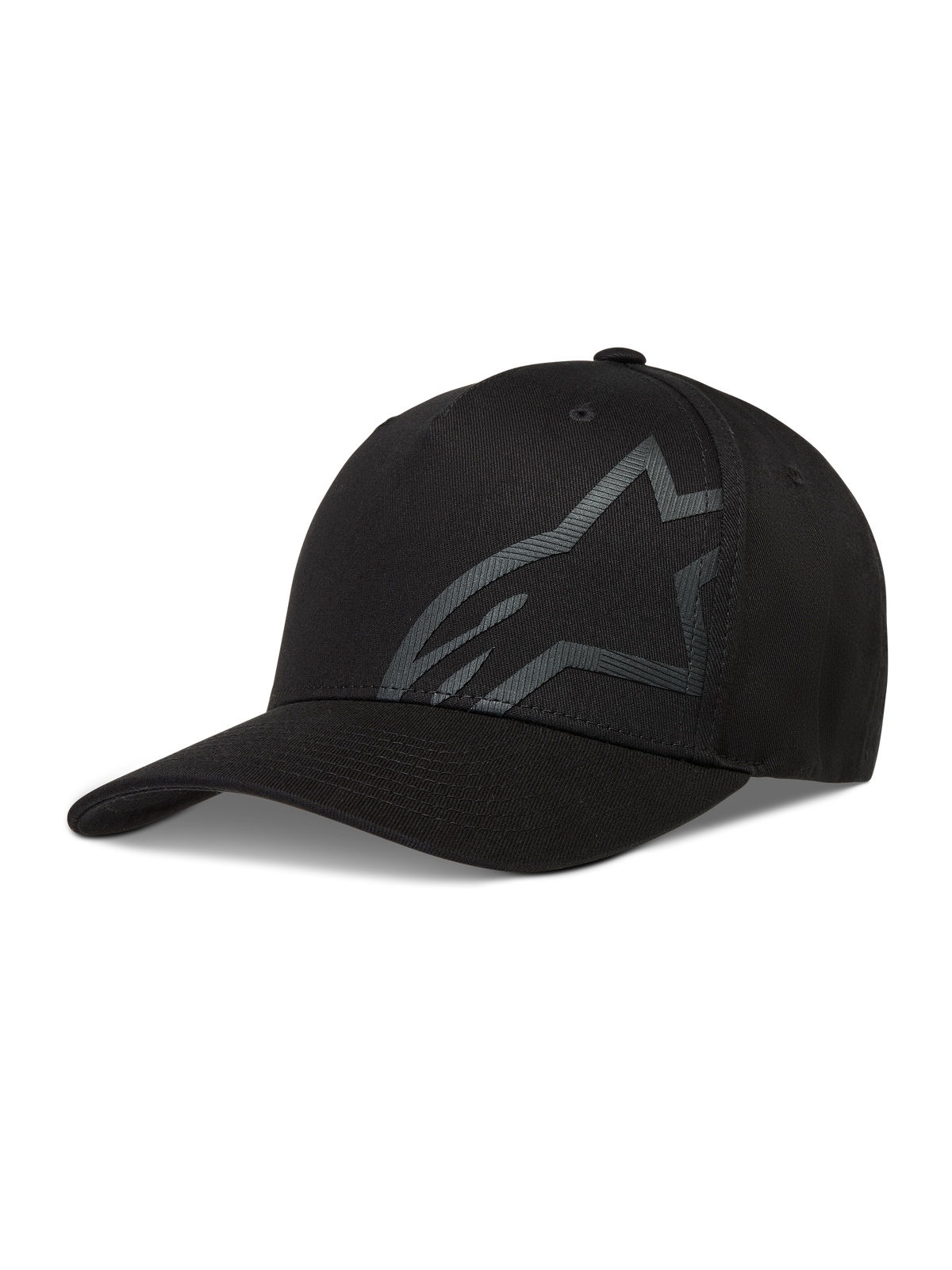 Alpinestars Maze keps, svart sportkeps i twill med böjd skärm, texturerad Astars-logotyp och flexibelt bakstycke