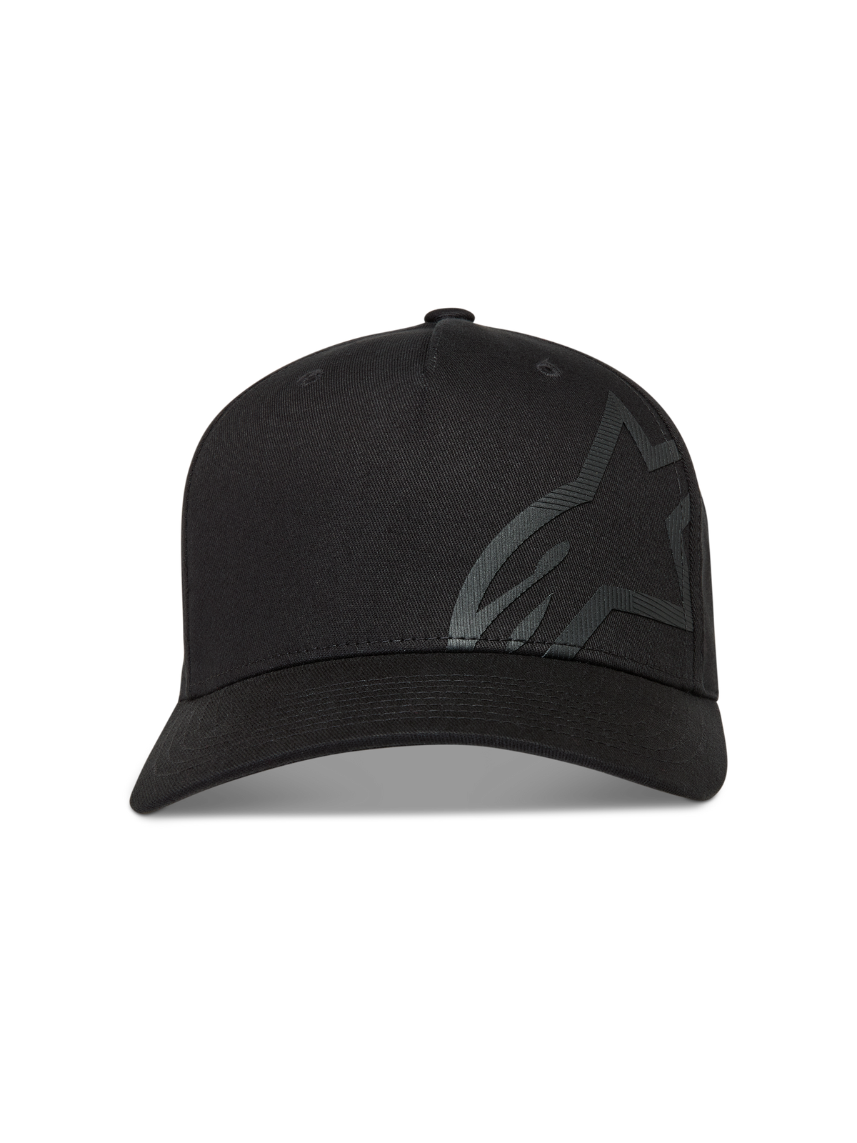 Alpinestars Maze Hatt, svart sportkeps med böjd skärm och stor texturerad Astars-logotyp på fronten, tillverkad i twilltyg.