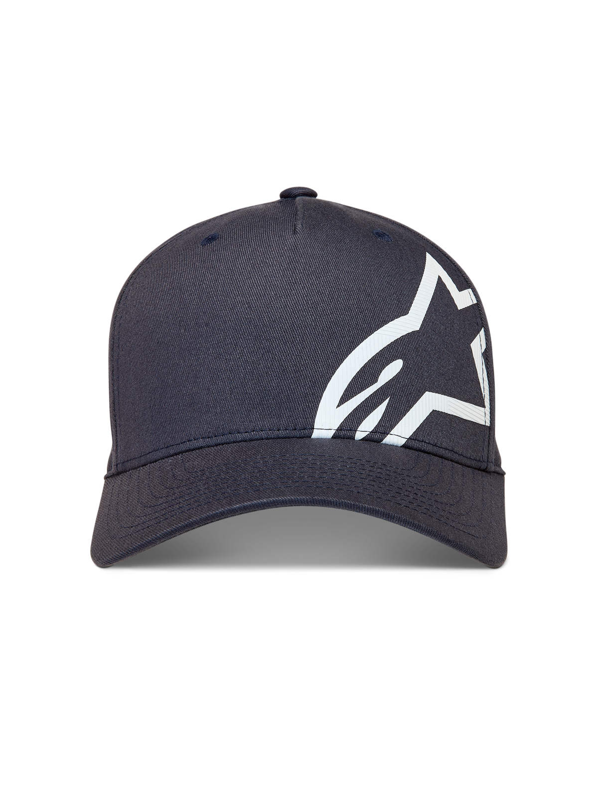 Alpinestars Maze hatt, mörkgrå keps med böjd skärm, vit texturerad Astars-logotyp, vardaglig motorsportinspirerad huvudbonad.