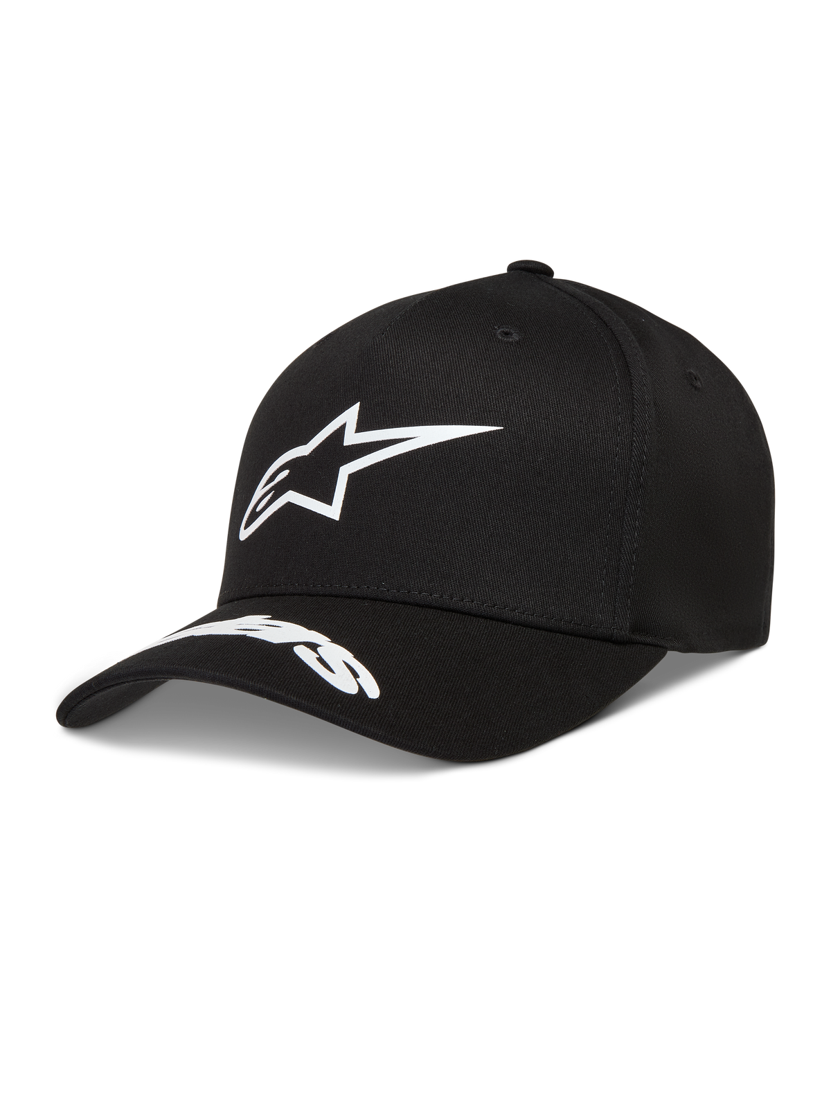 Alpinestars Arclight hatt, svart twillkeps med vit pufftryckt Astars-logotyp och ordlogotyp på den böjda skärmen.