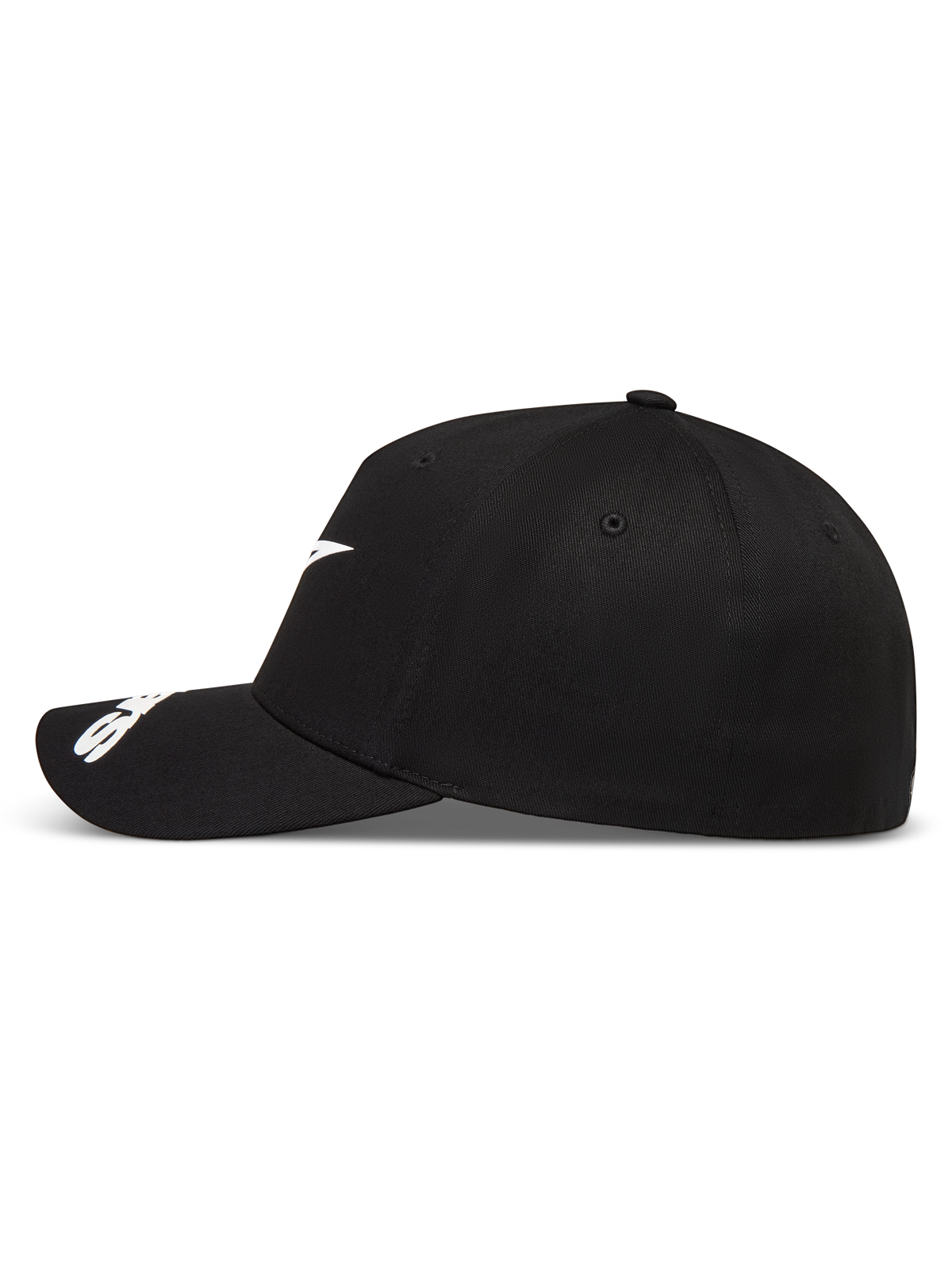 Alpinestars Arclight hatt, svart keps med vit logotyp, böjd skärm och strukturerad krona, sportig design
