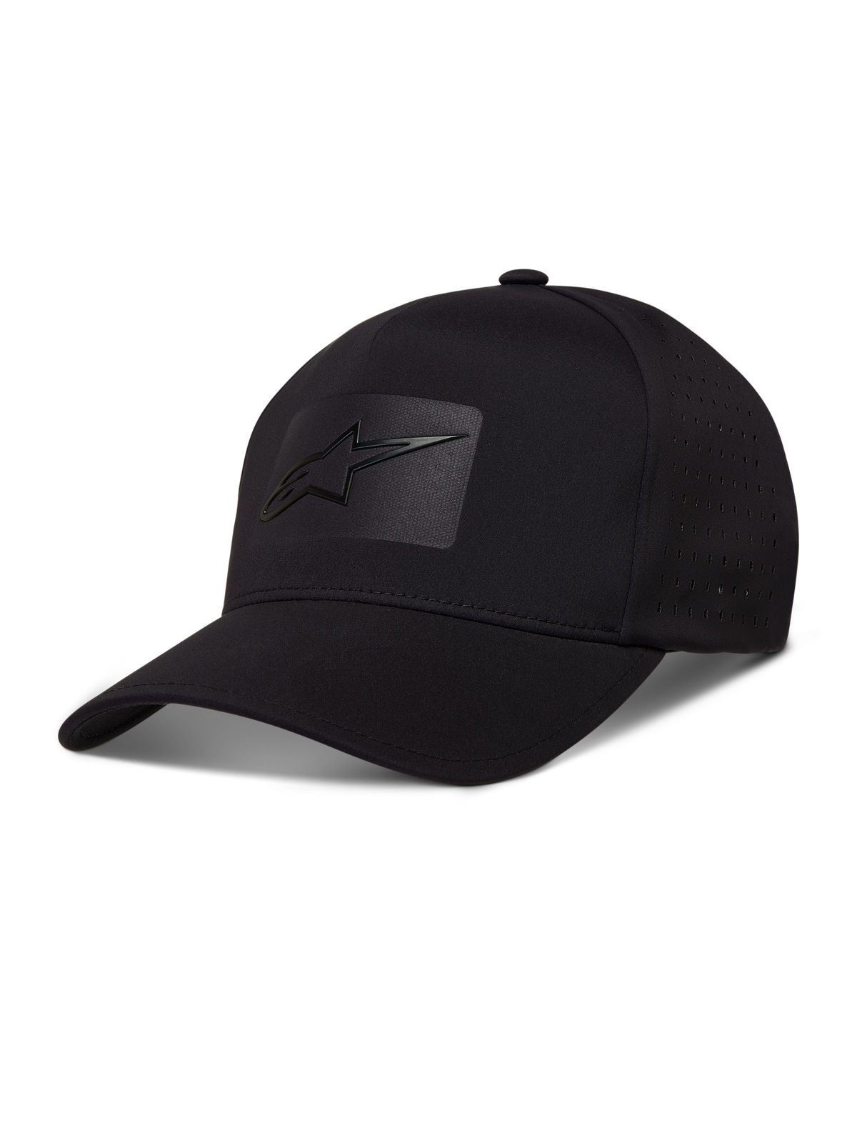Alpinestars Algo Perf Adjustable keps, svart keps i tekniskt tyg med sidoperforeringar och sonic weld-logotyp.