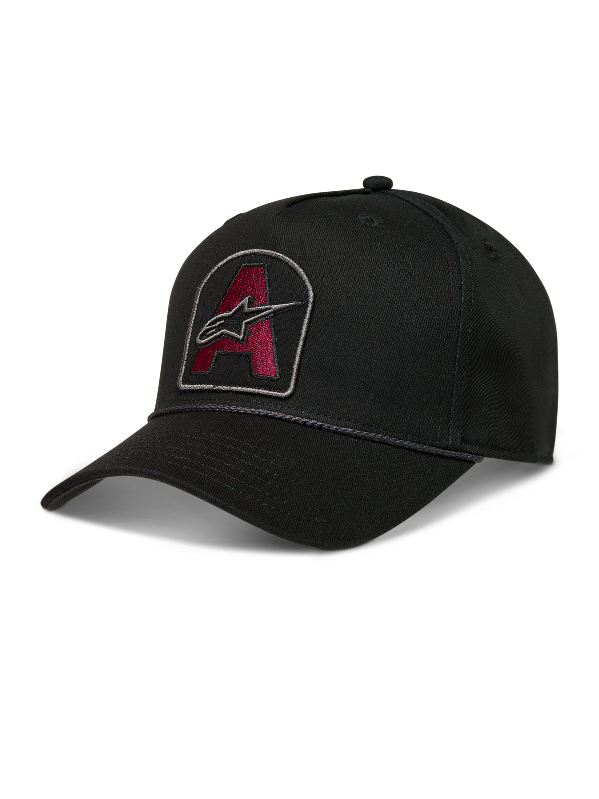 Alpinestars Acme Snapback keps, svart twillkeps med vinröd broderad logotyp, böjd skärm och repkant framtill.
