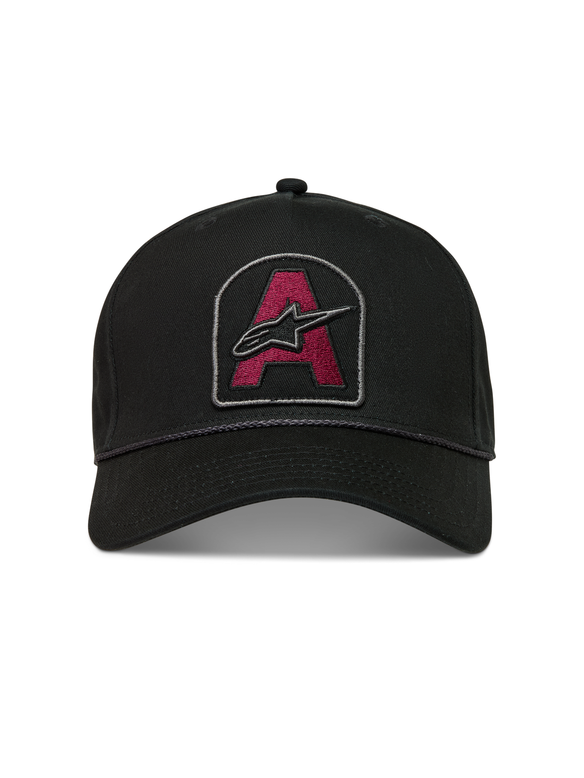 Alpinestars Acme Snapback keps, svart sportkeps med mörkröd broderad logotyppatch, böjd skärm och repkant.