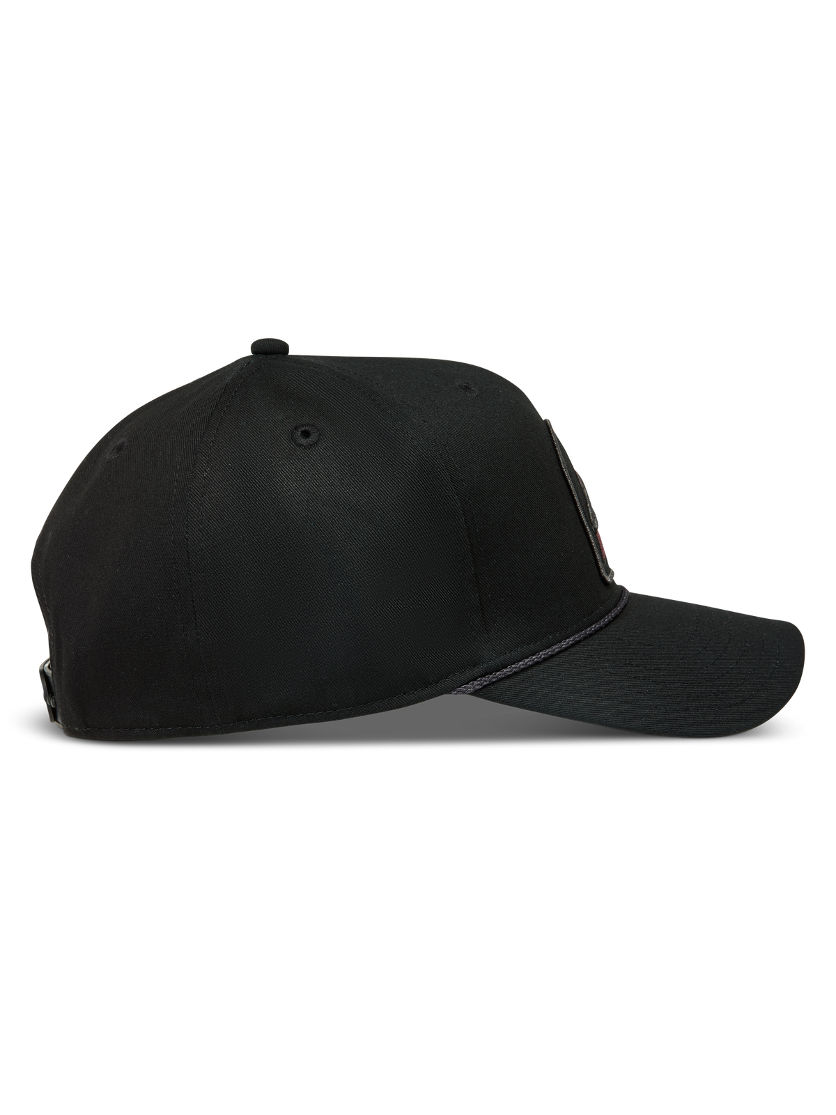 Alpinestars Acme Snapback hatt, svart keps i twill med böjd skärm, strukturerad krona och dekorativ repkant längs skärmen.